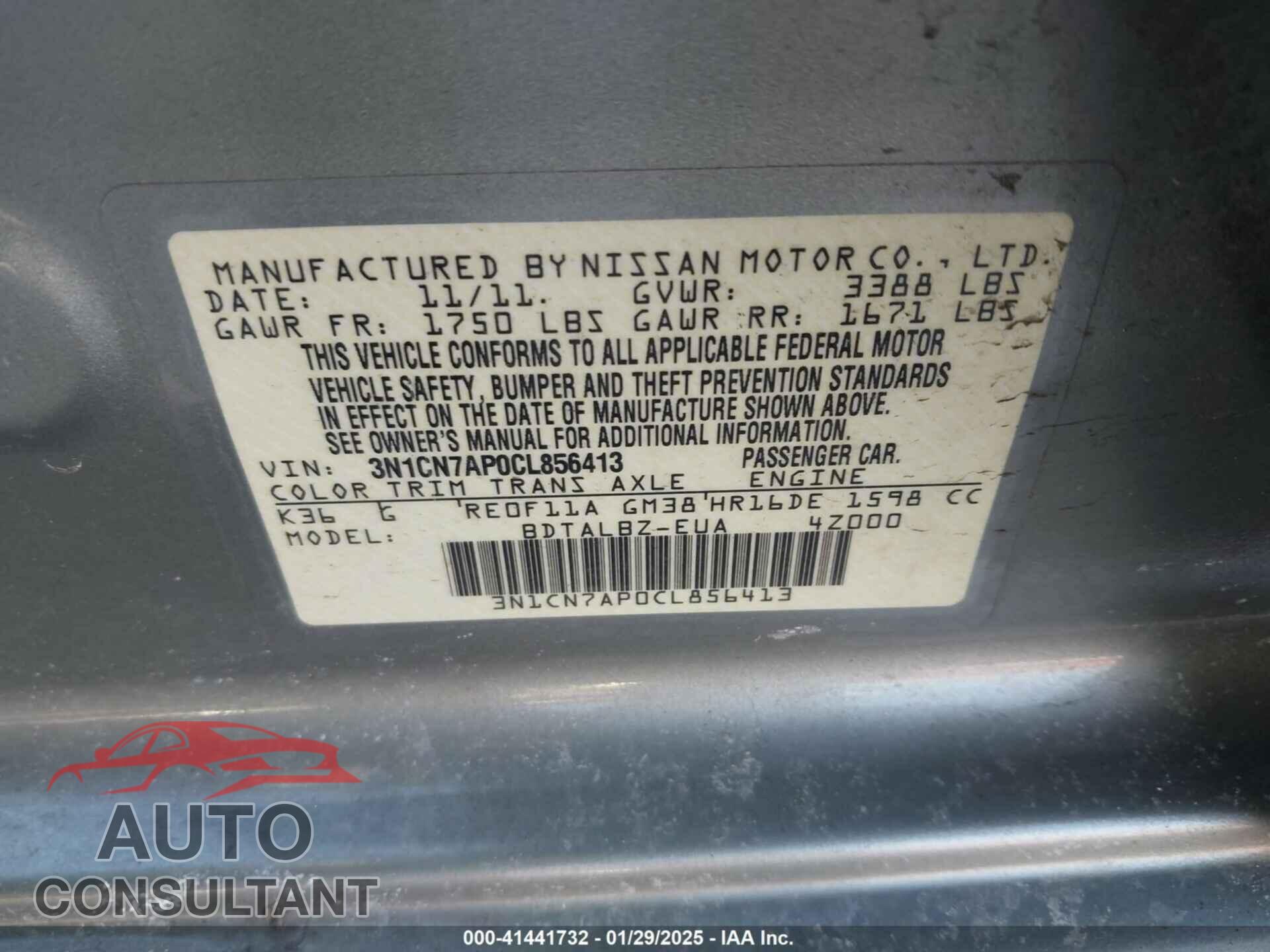 NISSAN VERSA 2012 - 3N1CN7AP0CL856413