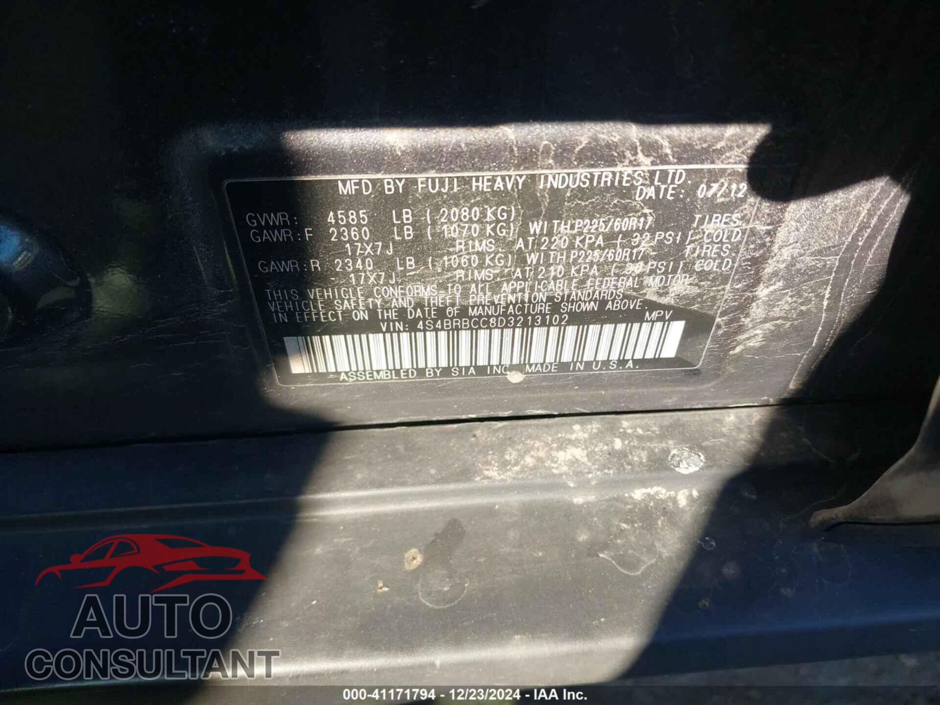 SUBARU OUTBACK 2013 - 4S4BRBCC8D3213102