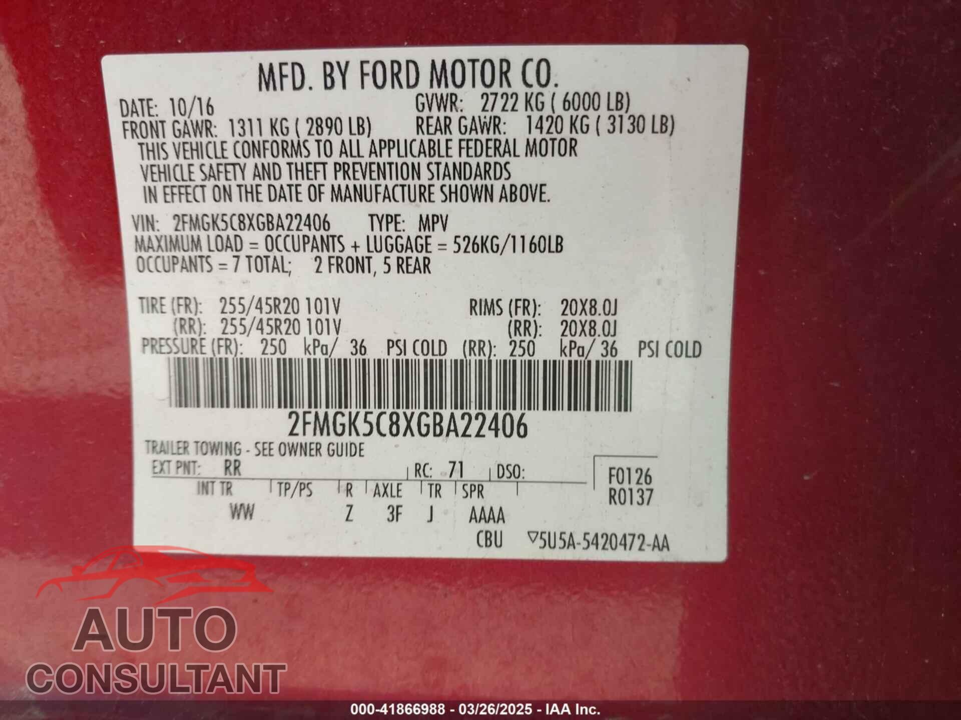 FORD FLEX 2016 - 2FMGK5C8XGBA22406