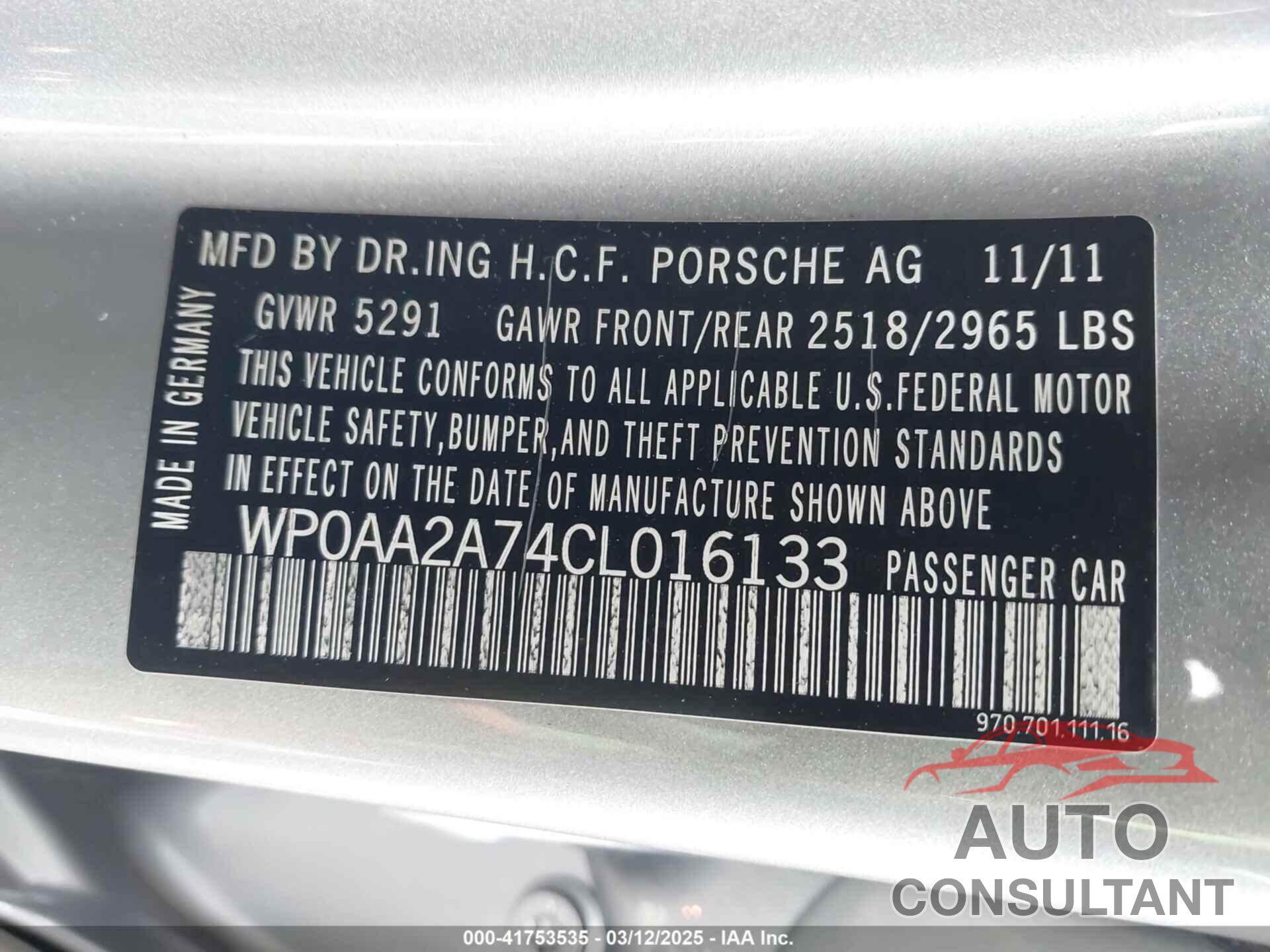 PORSCHE PANAMERA 2012 - WP0AA2A74CL016133
