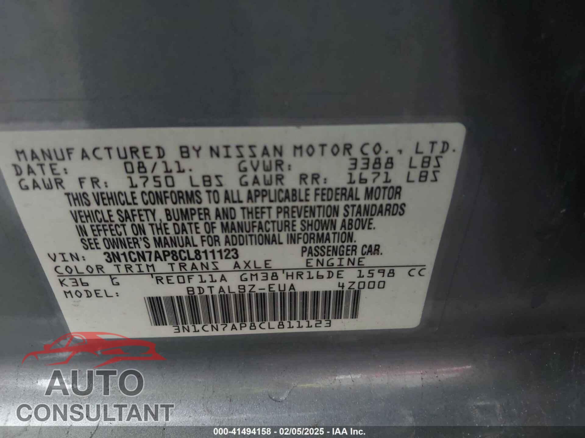 NISSAN VERSA 2012 - 3N1CN7AP8CL811123