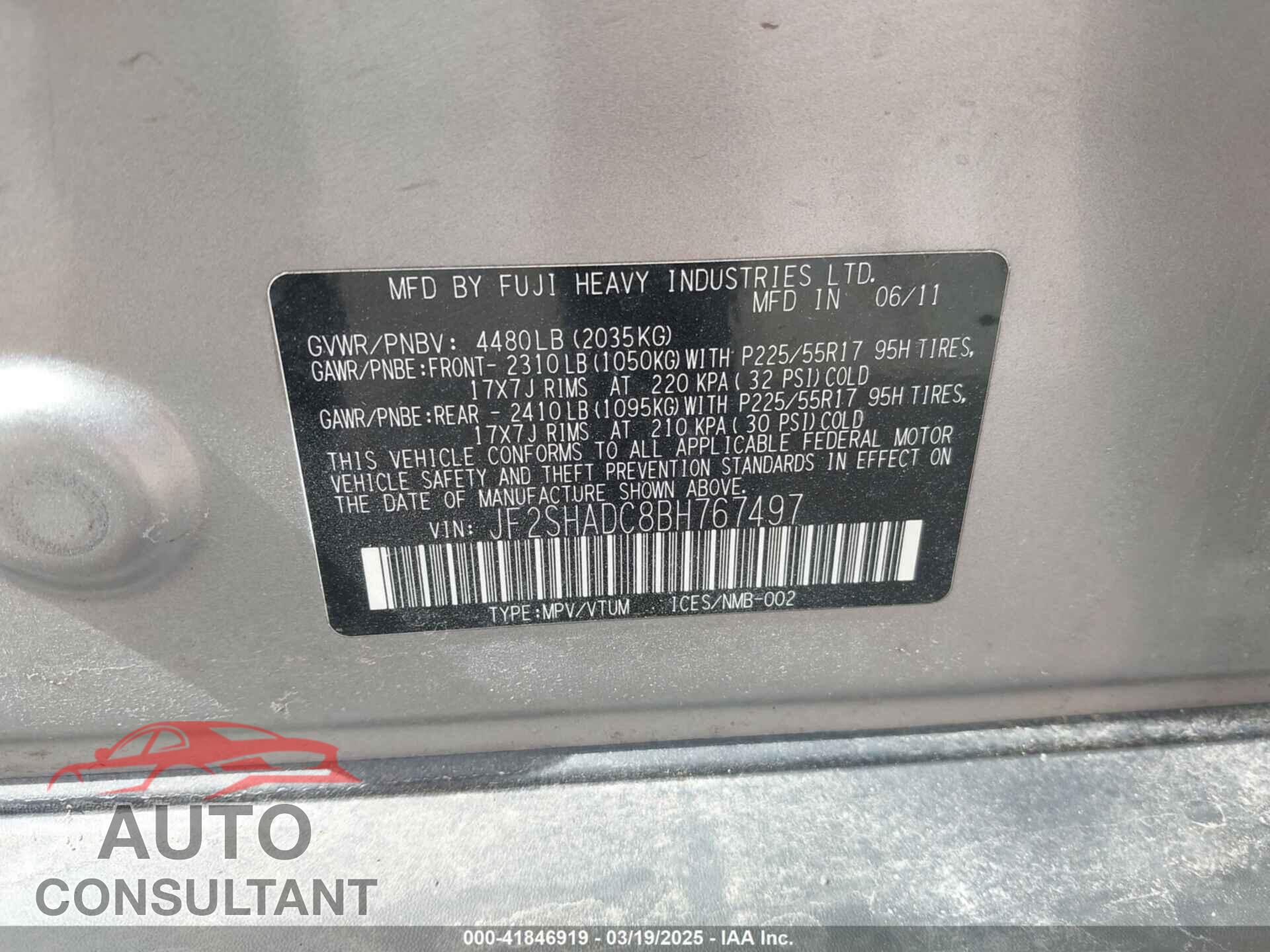 SUBARU FORESTER 2011 - JF2SHADC8BH767497