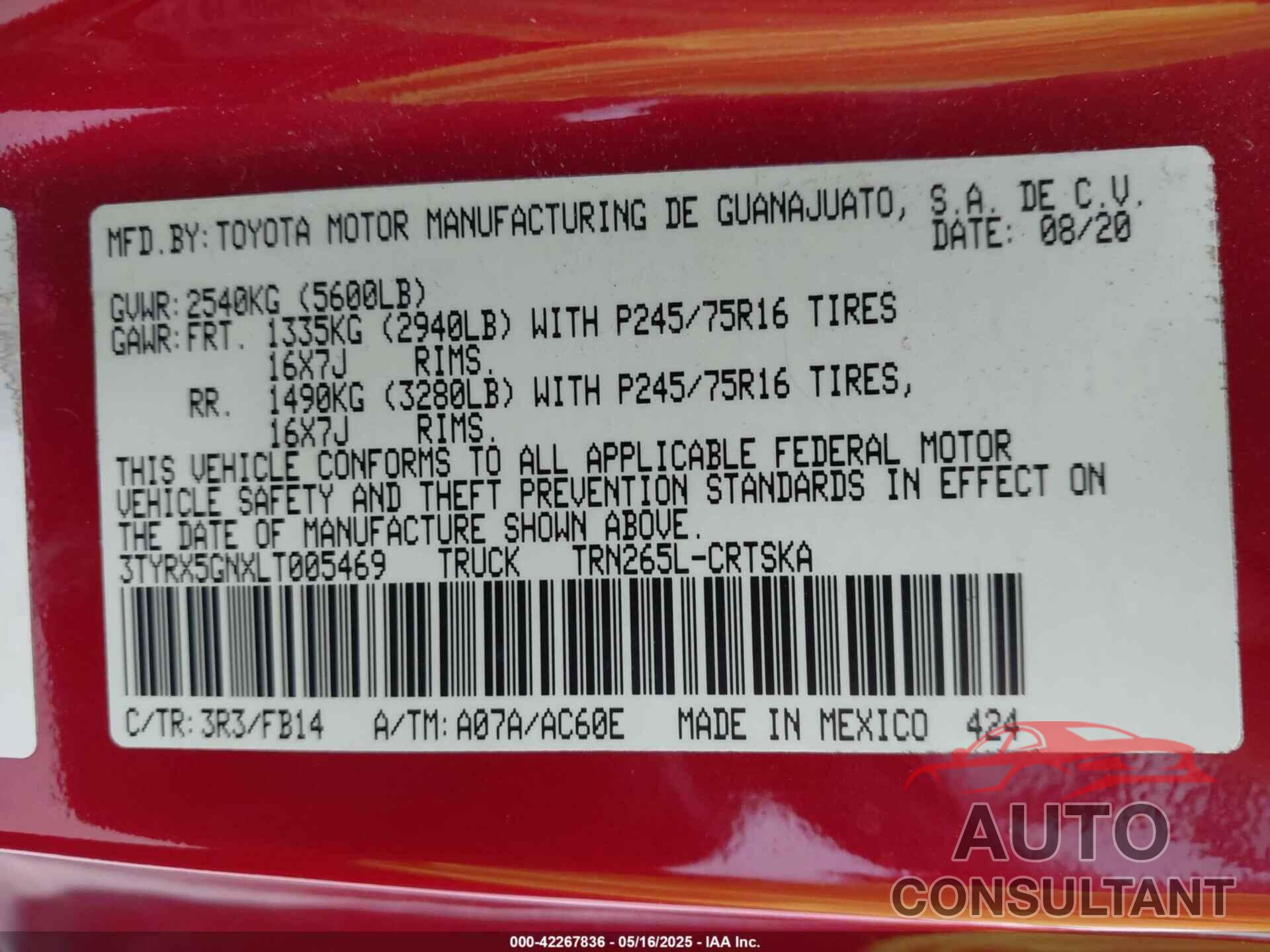 TOYOTA TACOMA 2020 - 3TYRX5GNXLT005469