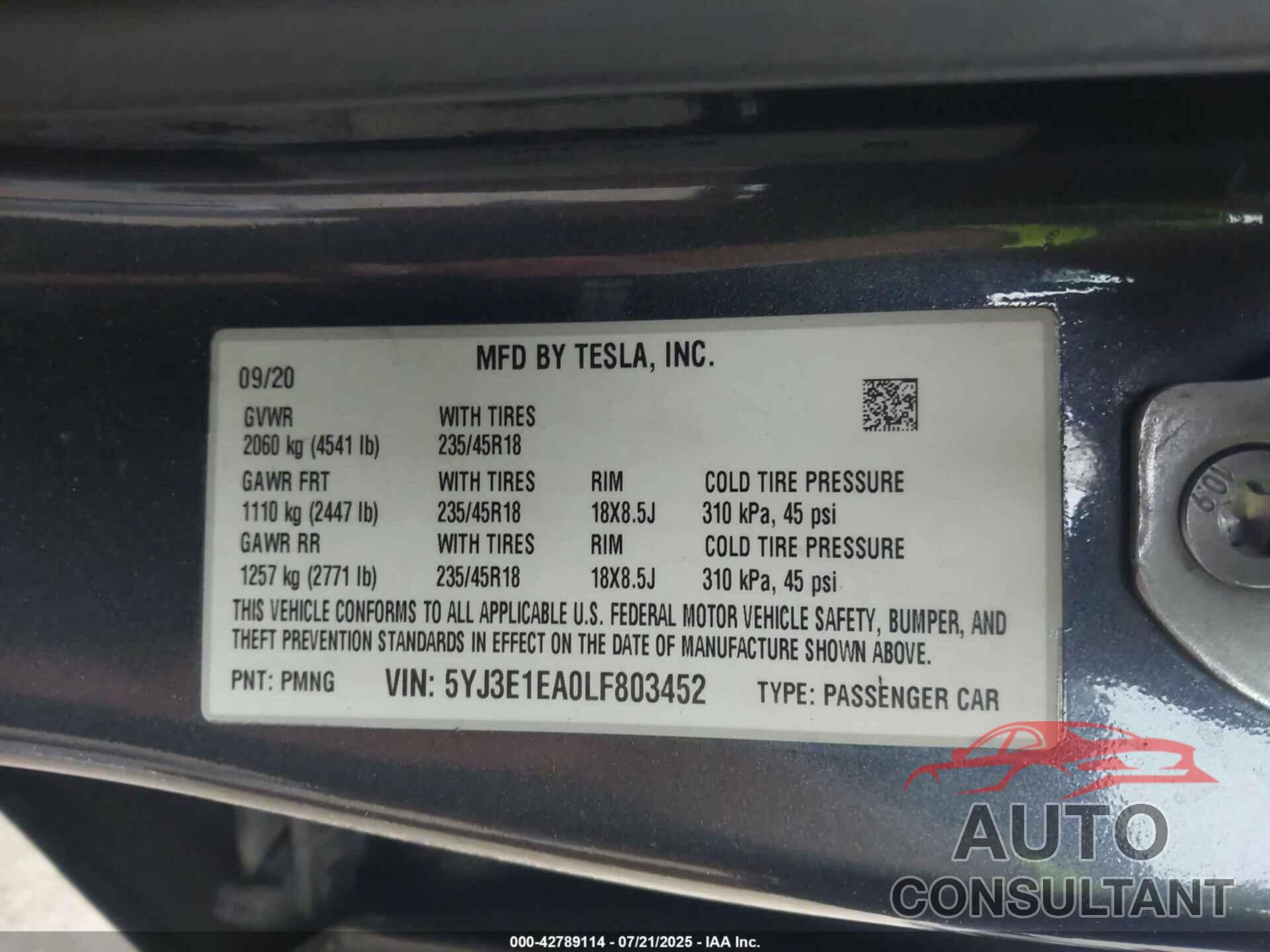 TESLA MODEL 3 2020 - 5YJ3E1EA0LF803452