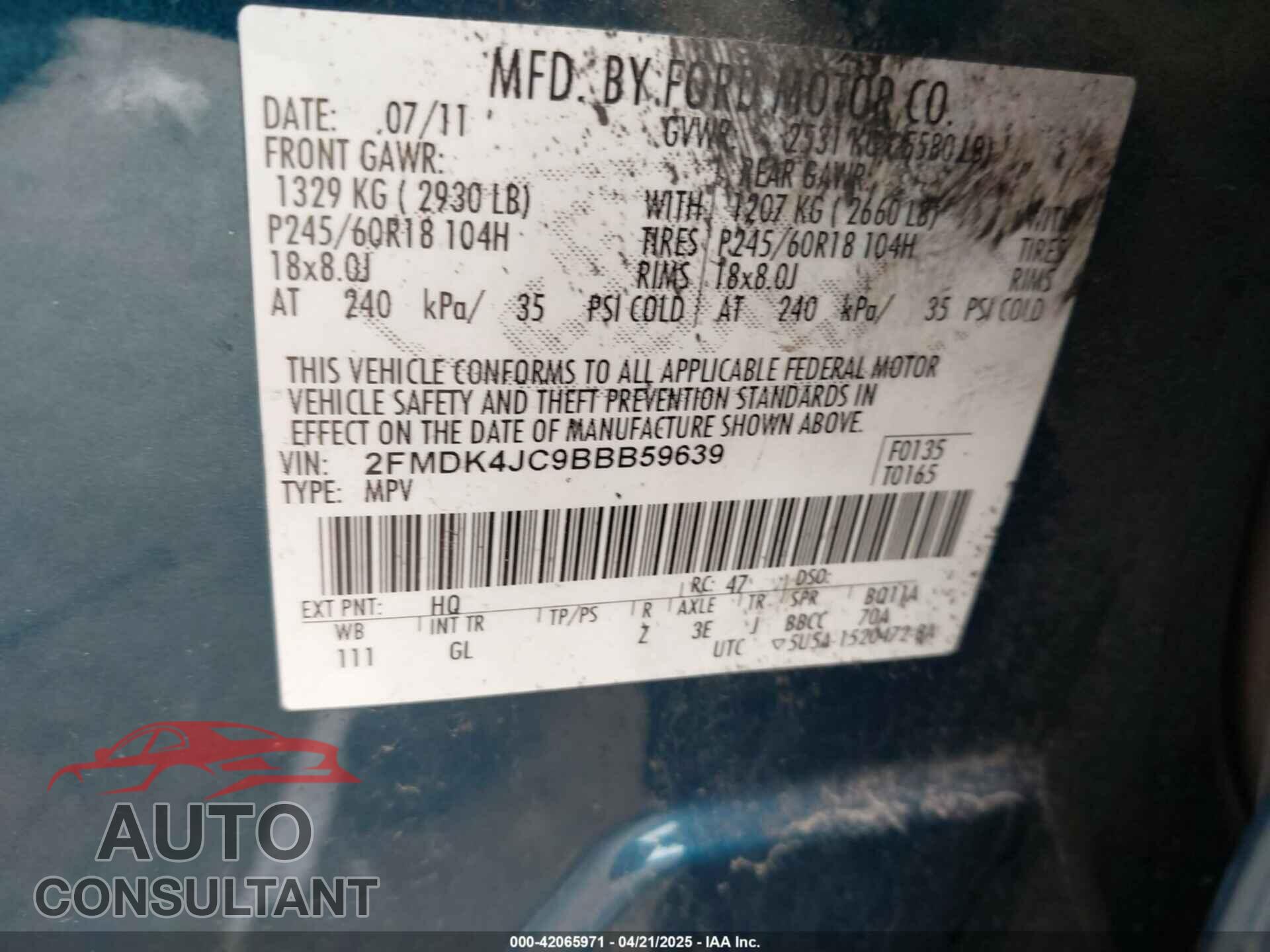 FORD EDGE 2011 - 2FMDK4JC9BBB59639
