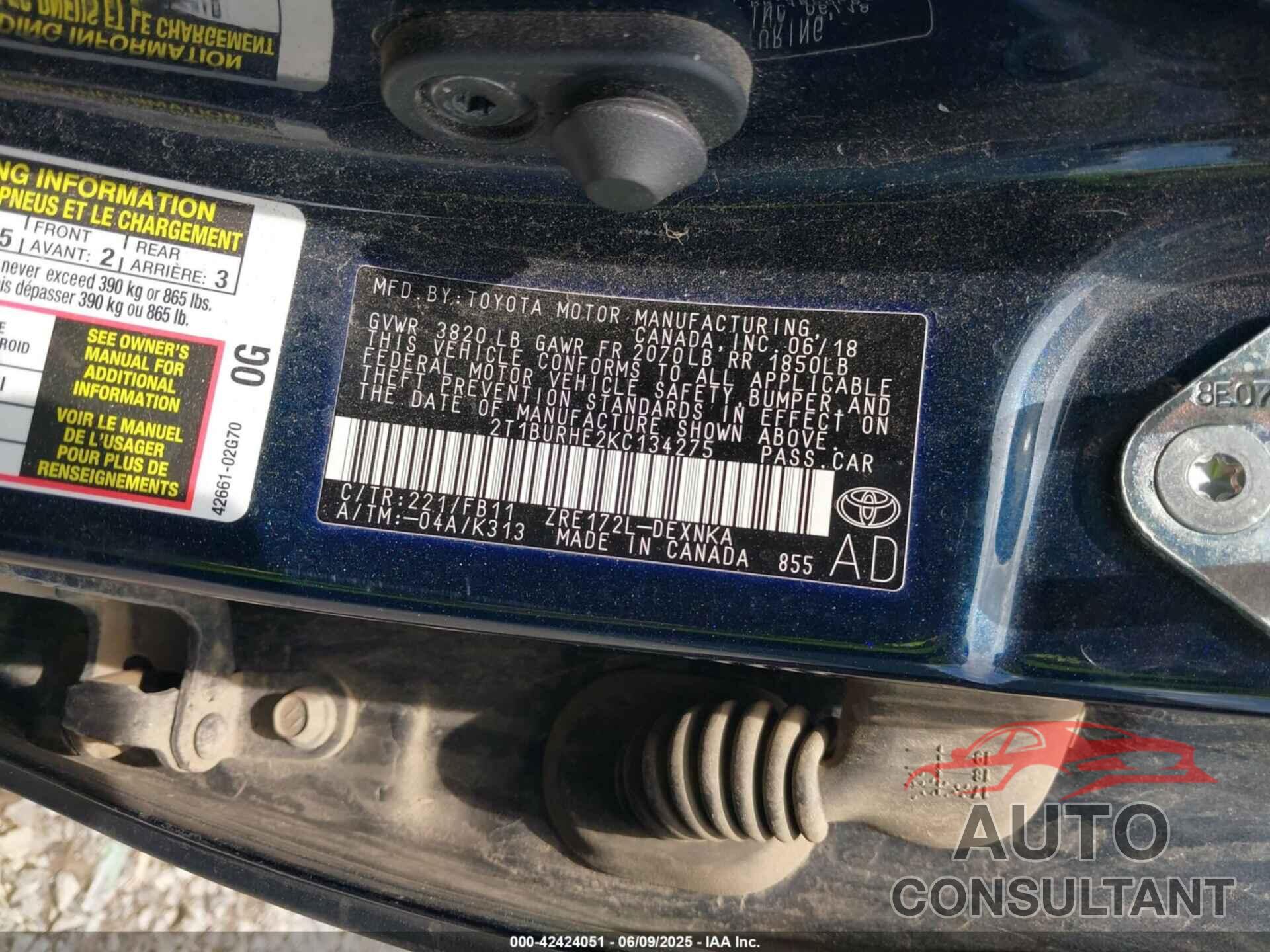 TOYOTA COROLLA 2019 - 2T1BURHE2KC134275