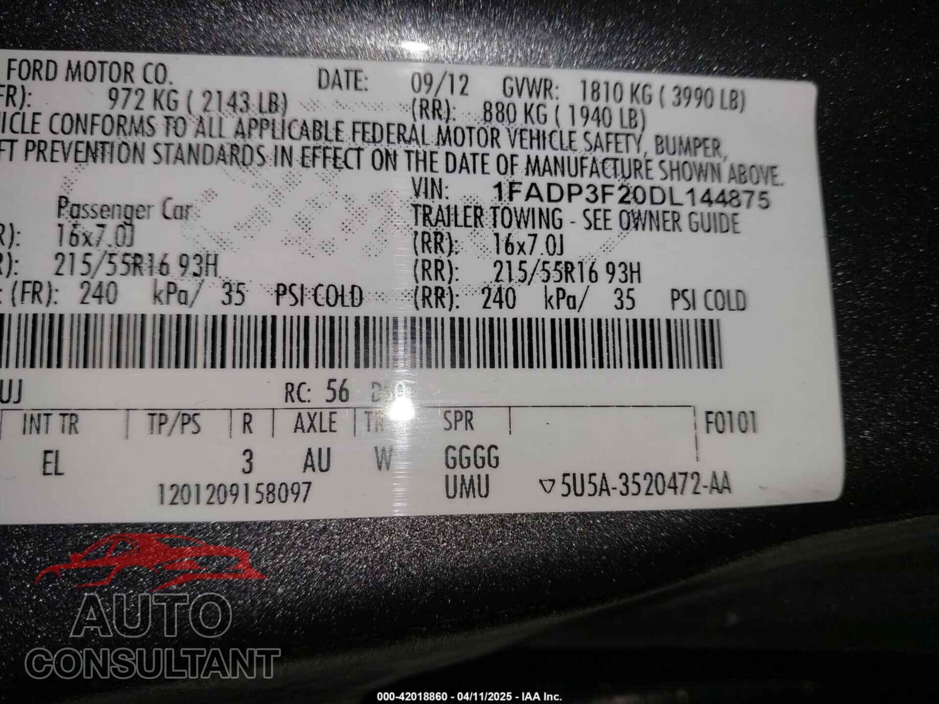FORD FOCUS 2013 - 1FADP3F20DL144875