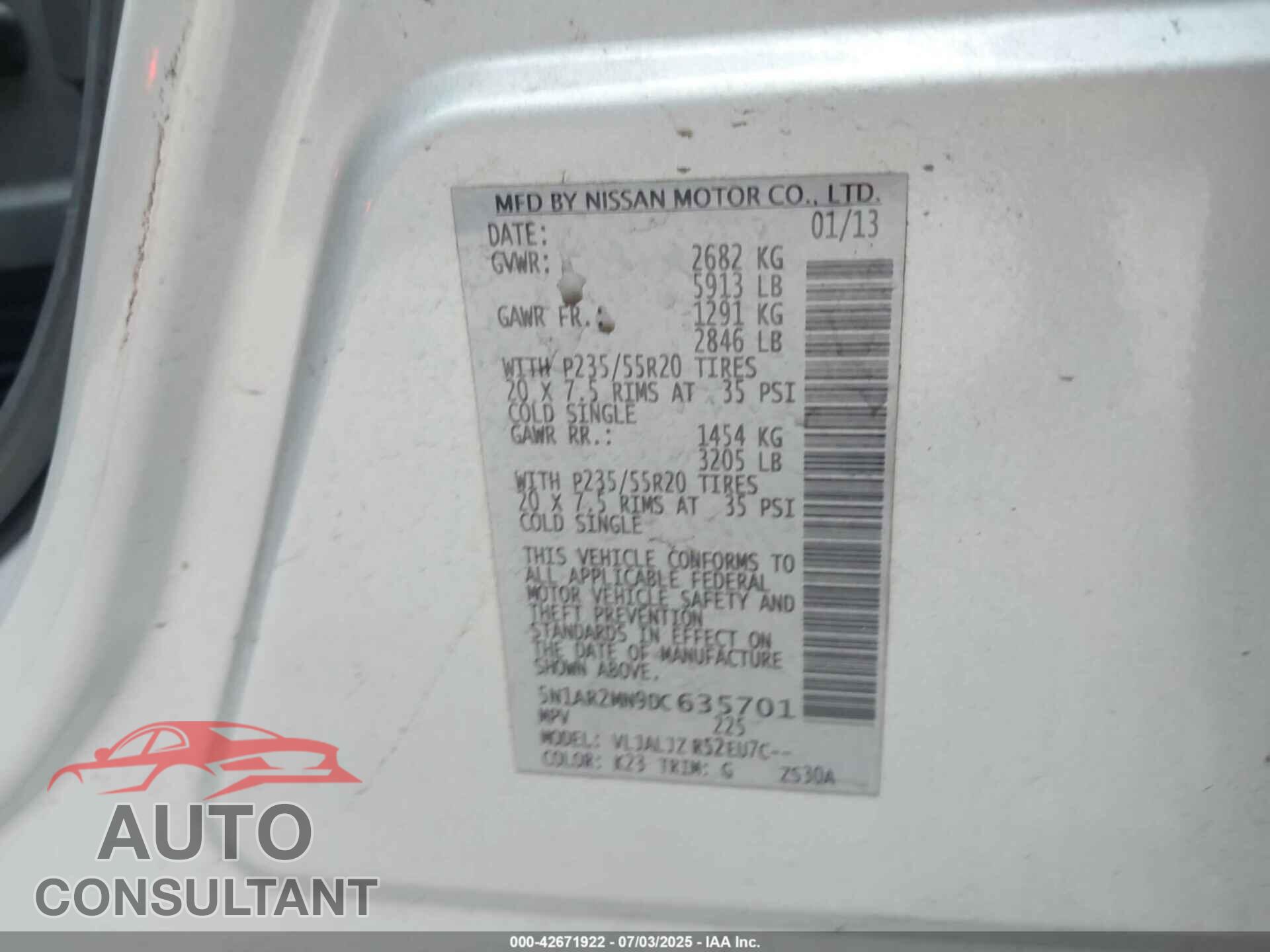 NISSAN PATHFINDER 2013 - 5N1AR2MN9DC635701