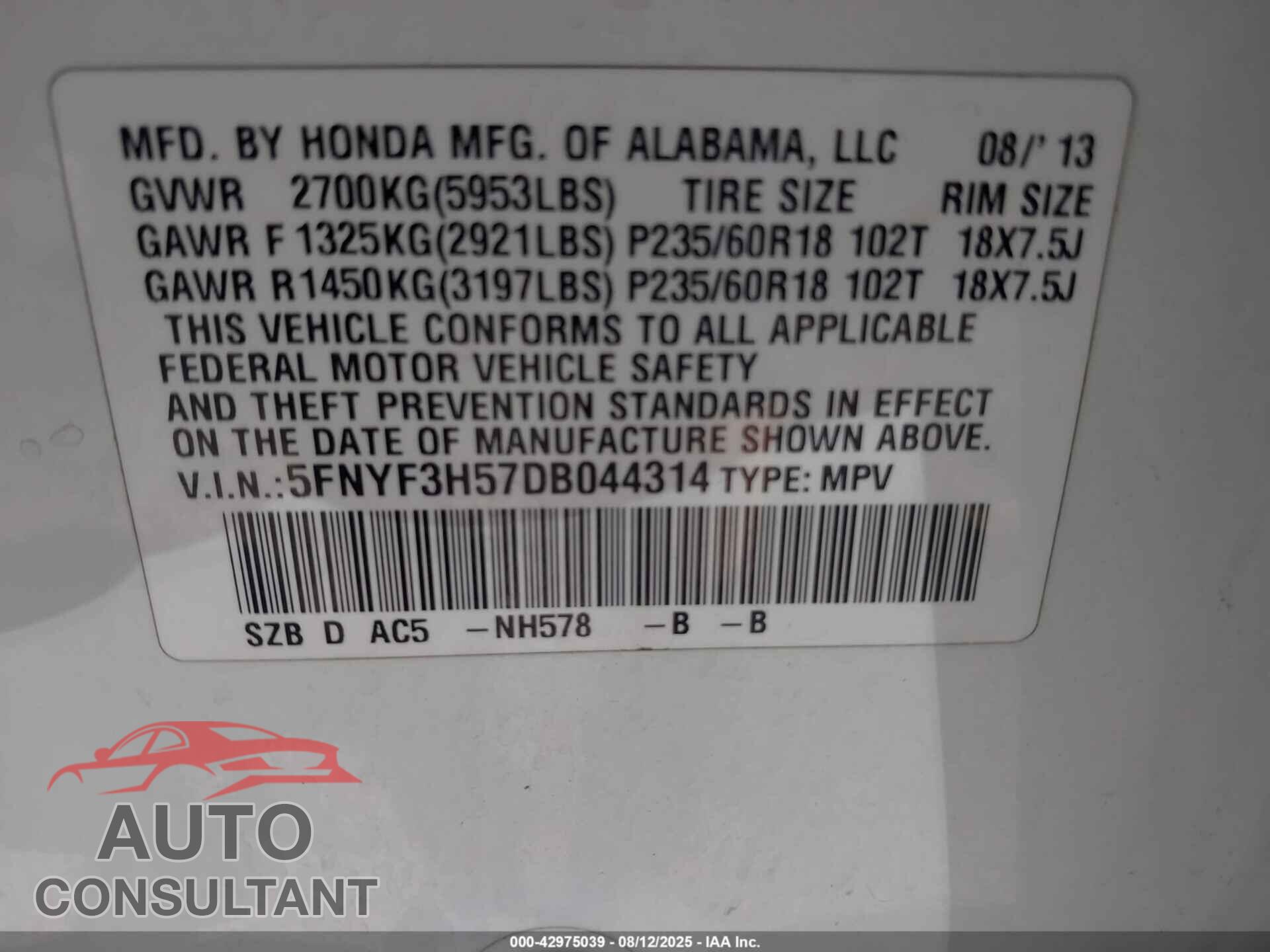 HONDA PILOT 2013 - 5FNYF3H57DB044314