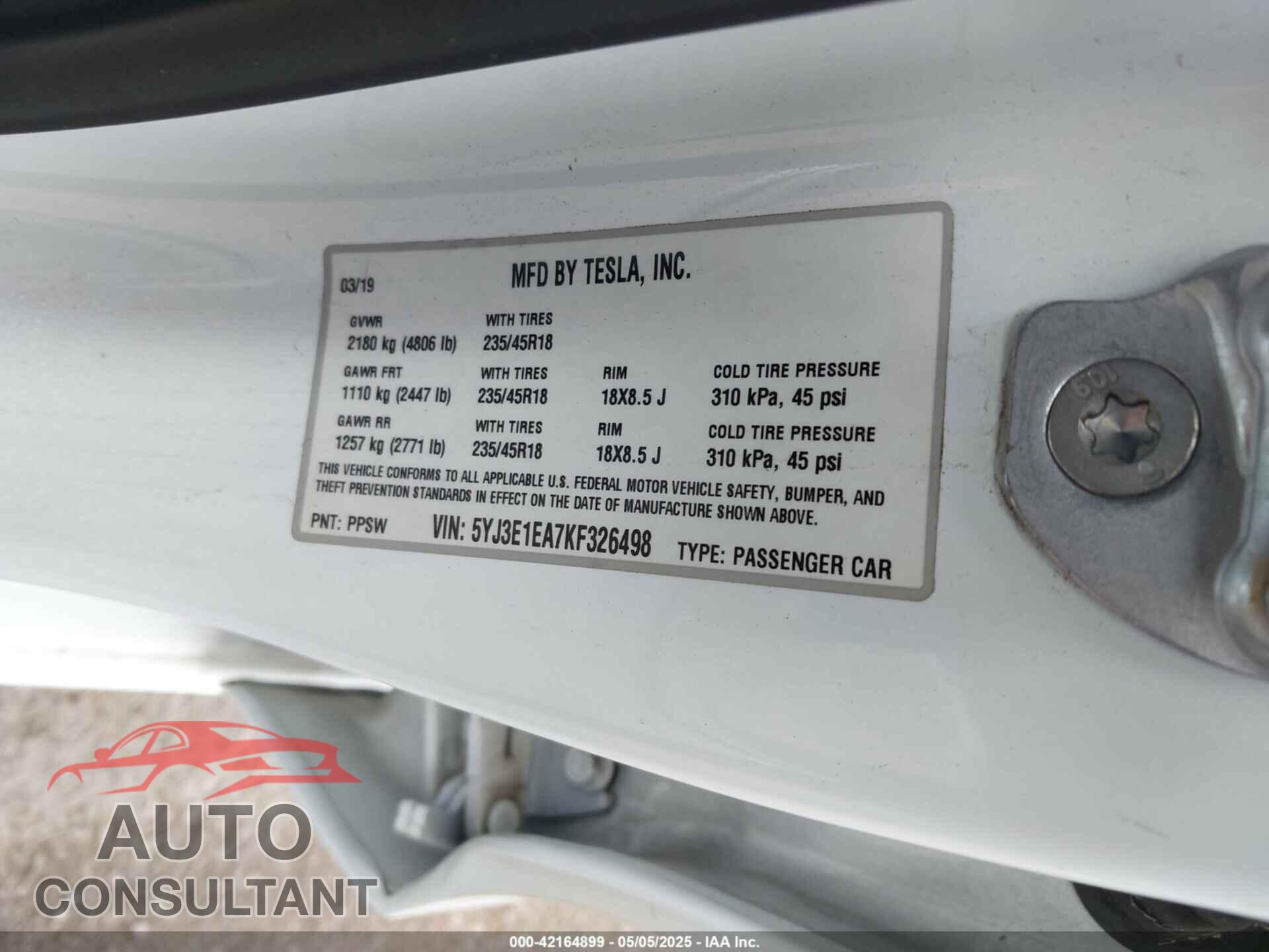 TESLA MODEL 3 2019 - 5YJ3E1EA7KF326498