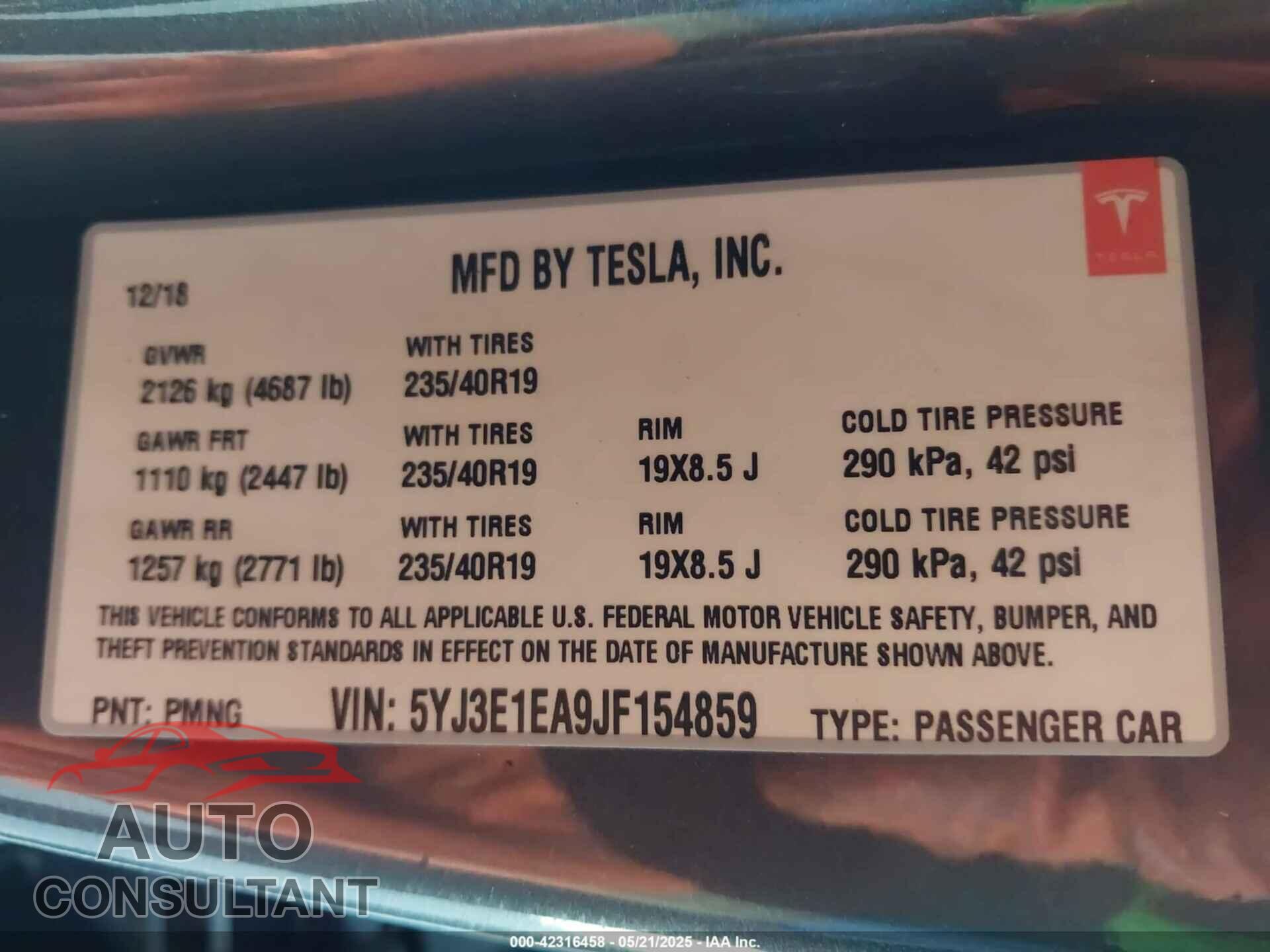 TESLA MODEL 3 2018 - 5YJ3E1EA9JF154859