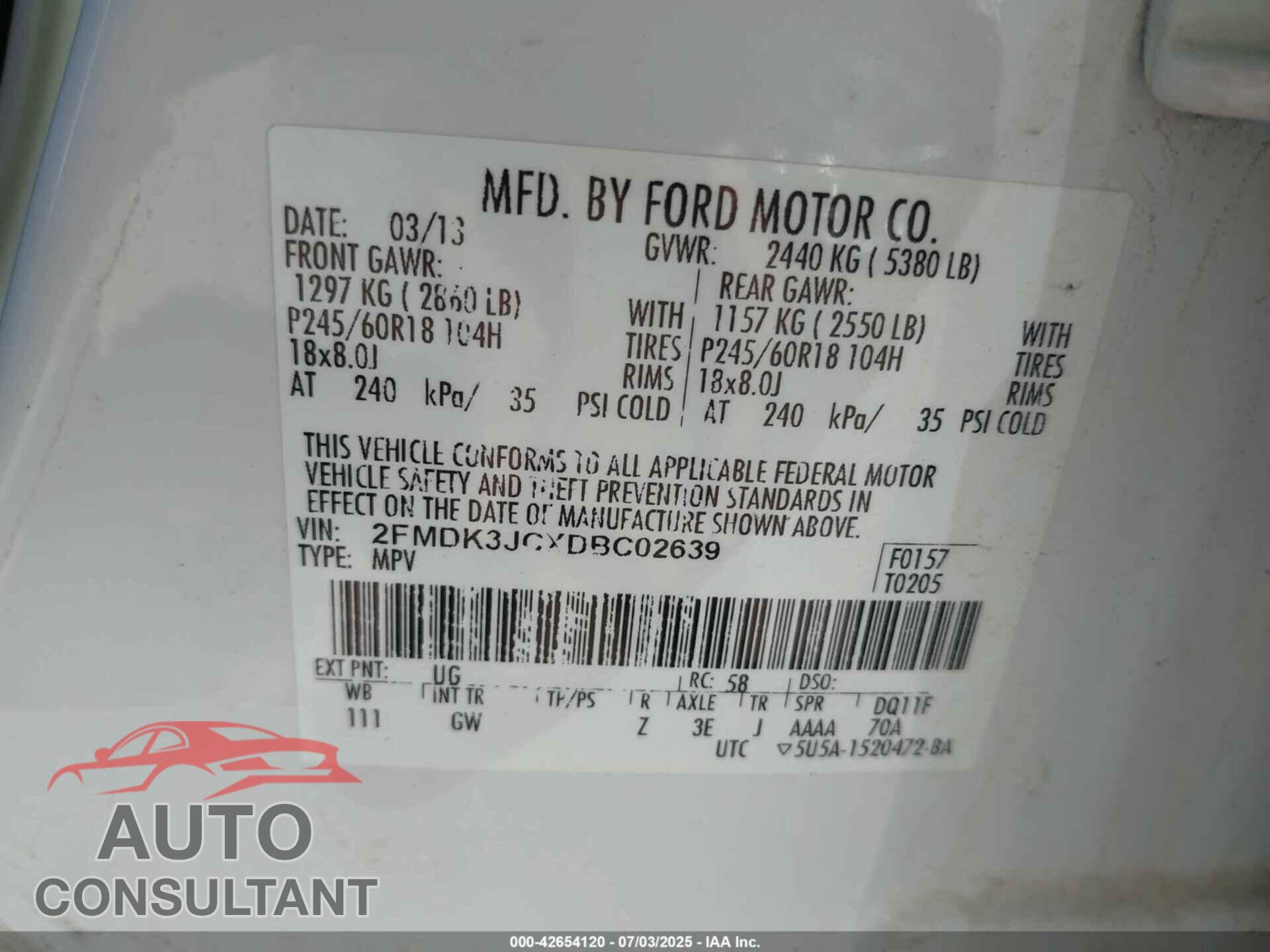 FORD EDGE 2013 - 2FMDK3JCXDBC02639