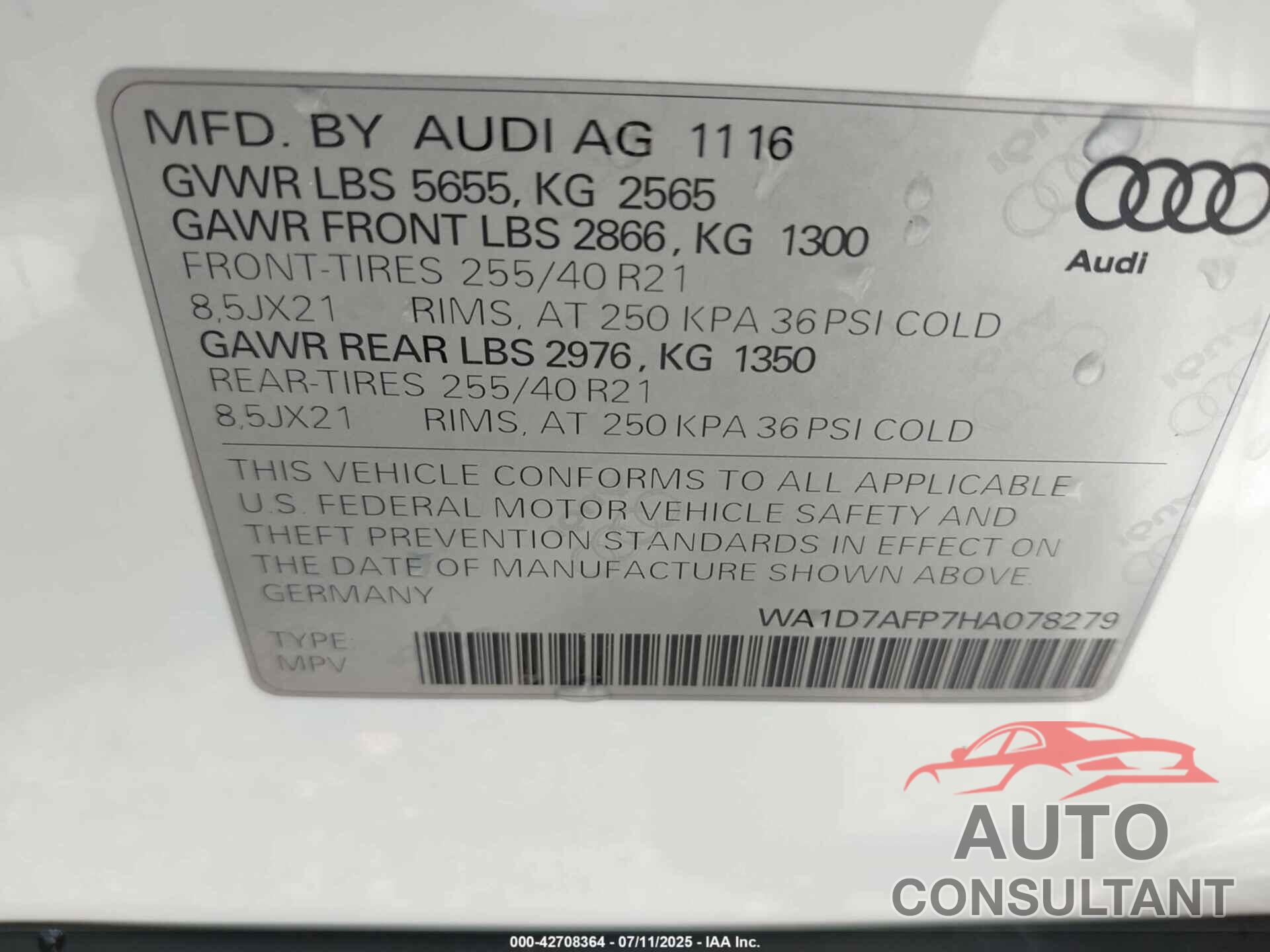 AUDI Q5 2017 - WA1D7AFP7HA078279