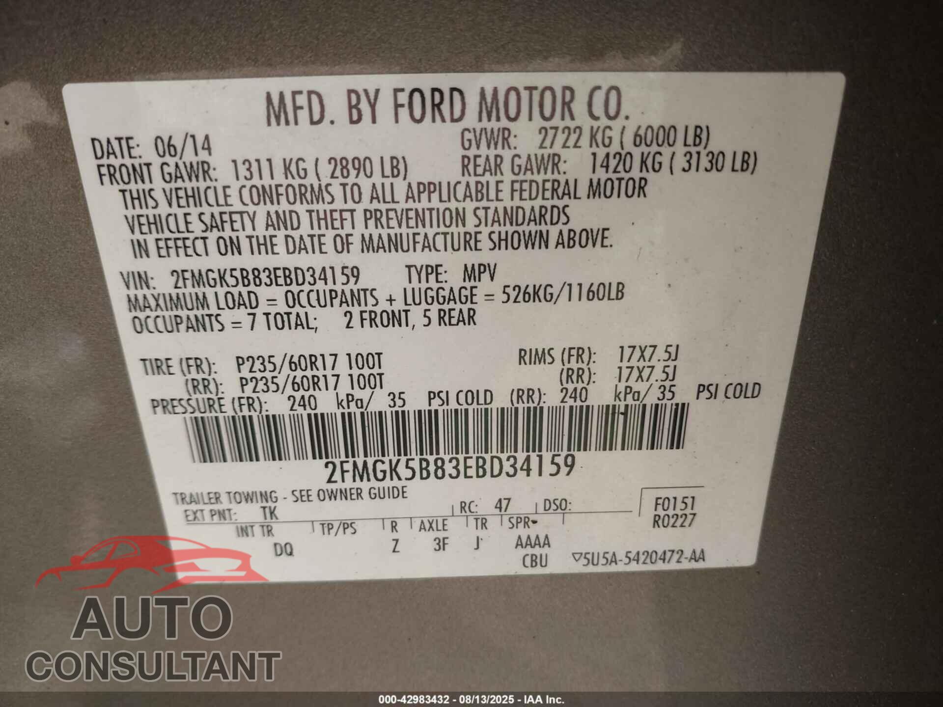 FORD FLEX 2014 - 2FMGK5B83EBD34159