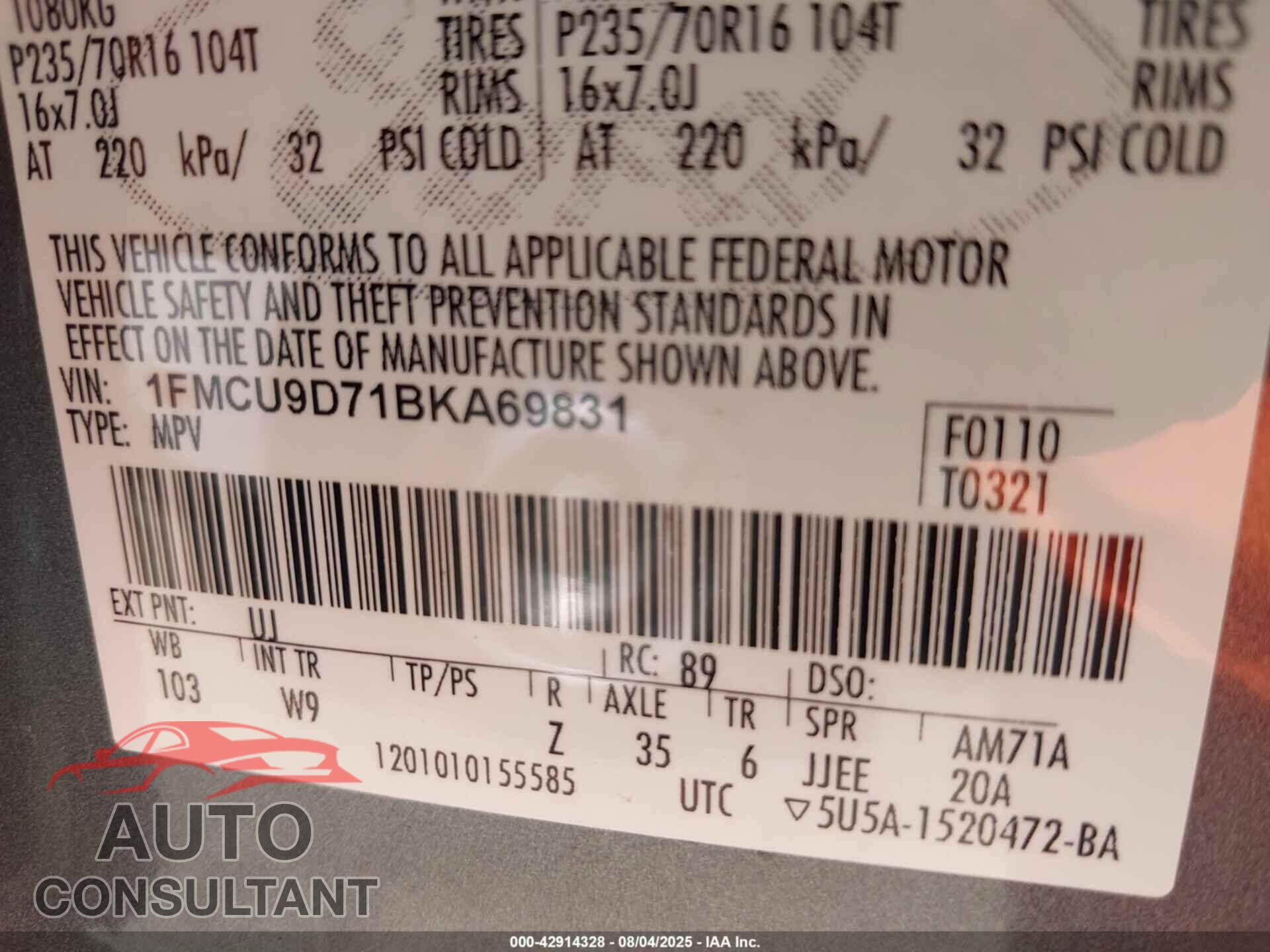 FORD ESCAPE 2011 - 1FMCU9D71BKA69831