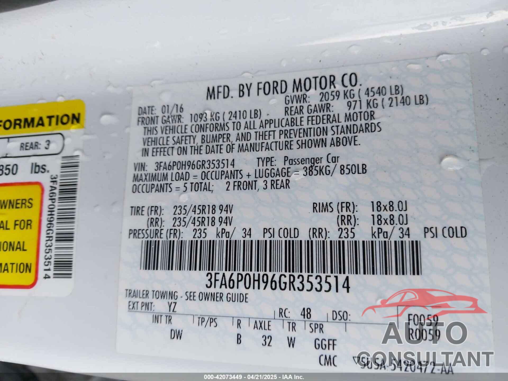 FORD FUSION 2016 - 3FA6P0H96GR353514