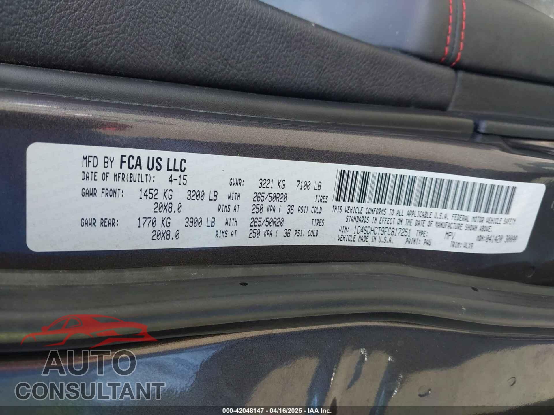 DODGE DURANGO 2015 - 1C4SDHCT9FC817251