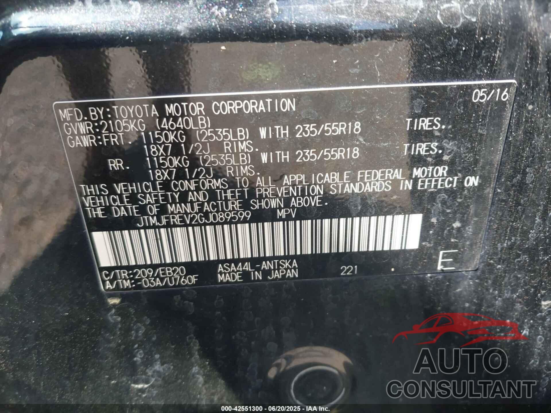 TOYOTA RAV4 2016 - JTMJFREV2GJ089599