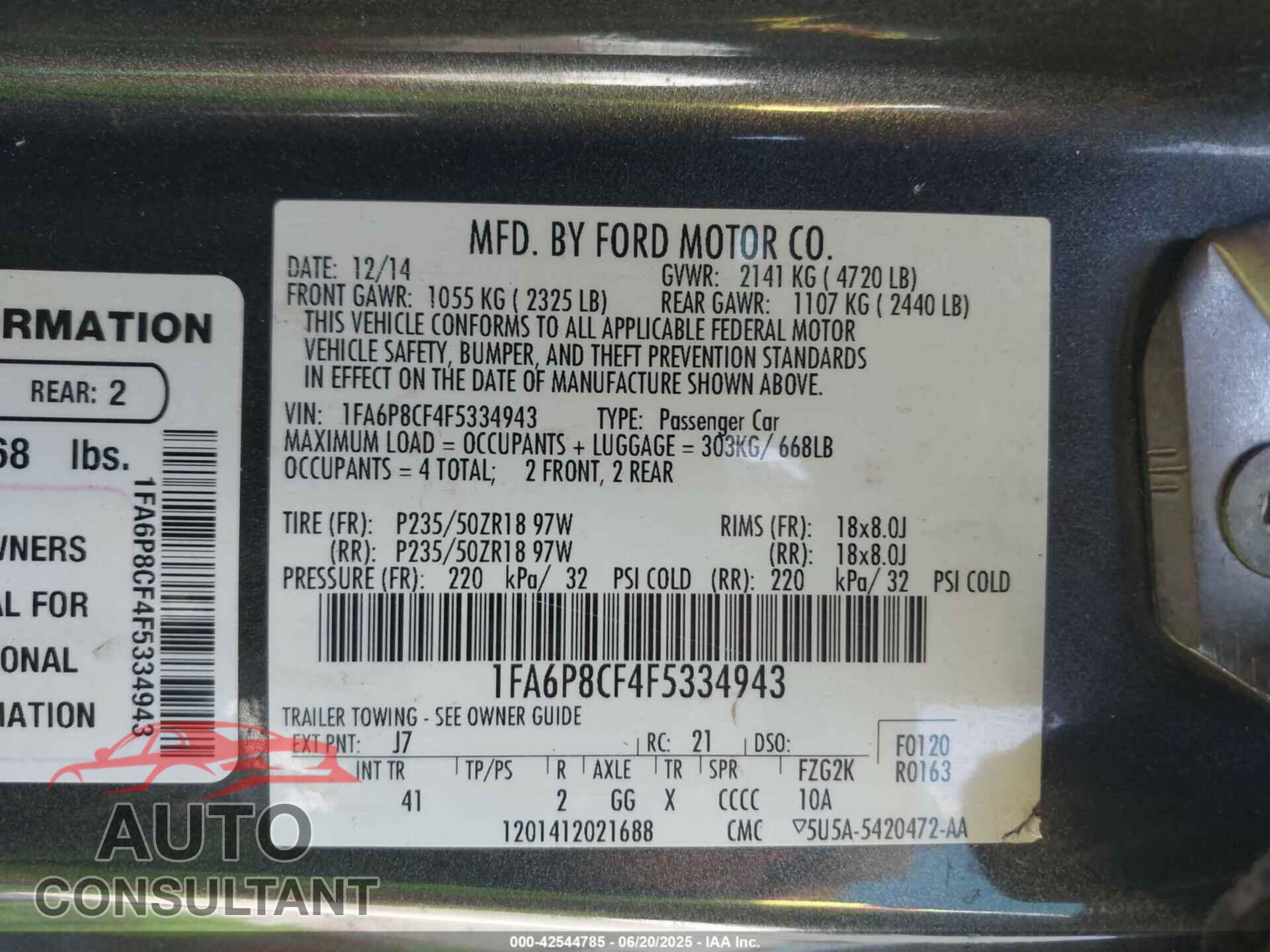 FORD MUSTANG 2015 - 1FA6P8CF4F5334943