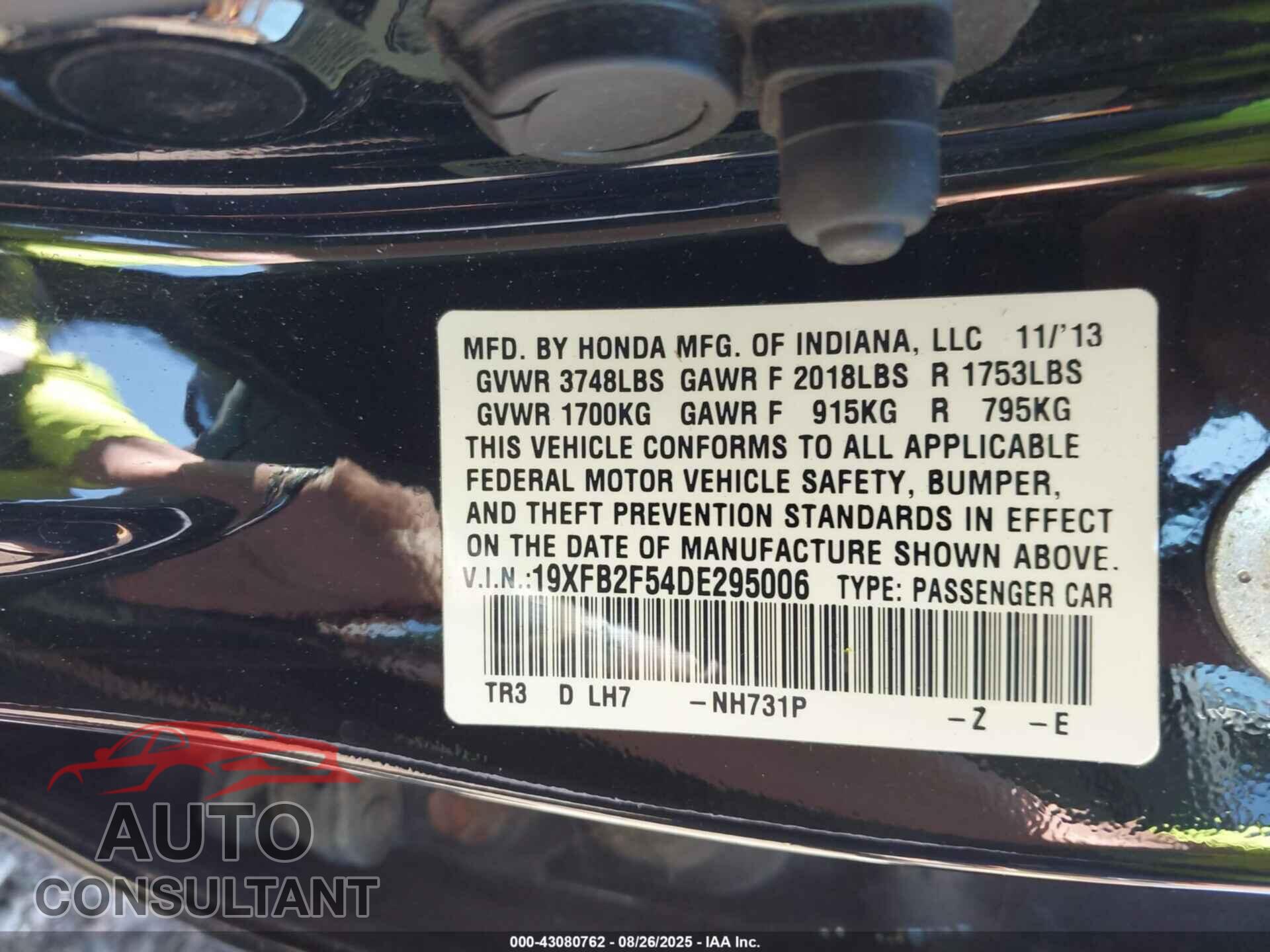 HONDA CIVIC 2013 - 19XFB2F54DE295006