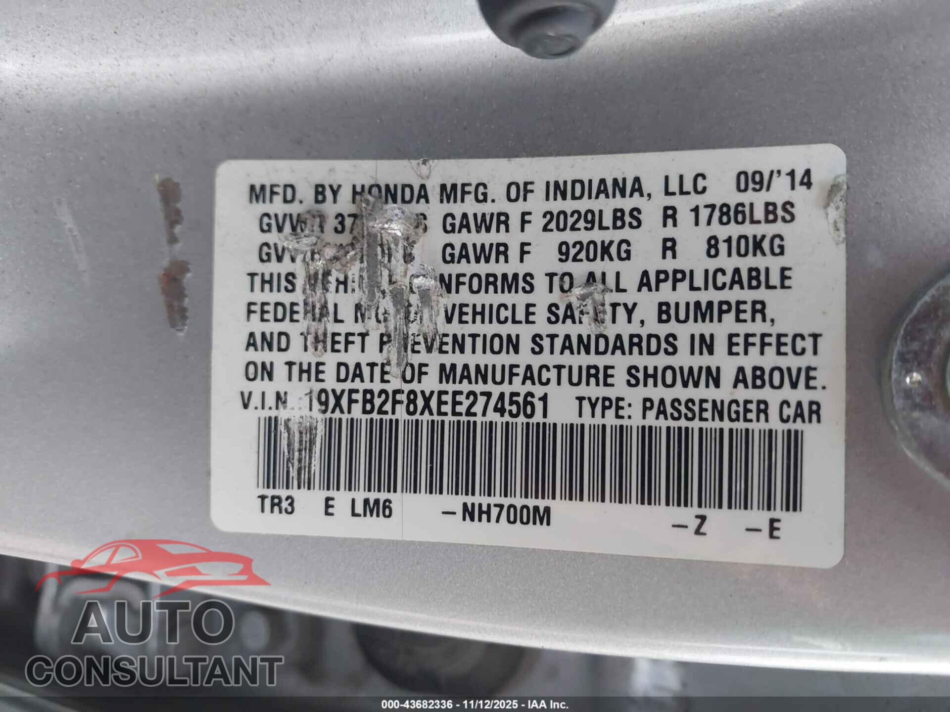 HONDA CIVIC 2014 - 19XFB2F8XEE274561
