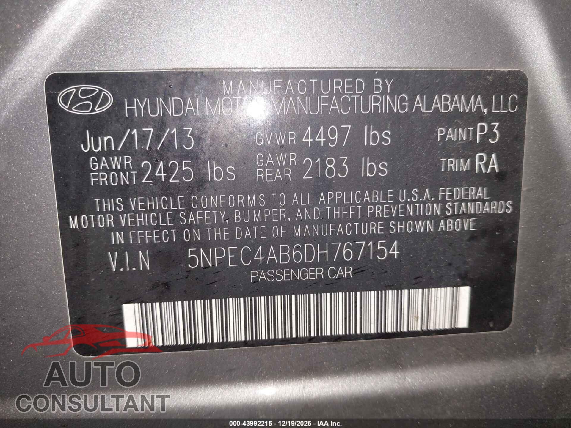 HYUNDAI SONATA 2013 - 5NPEC4AB6DH767154