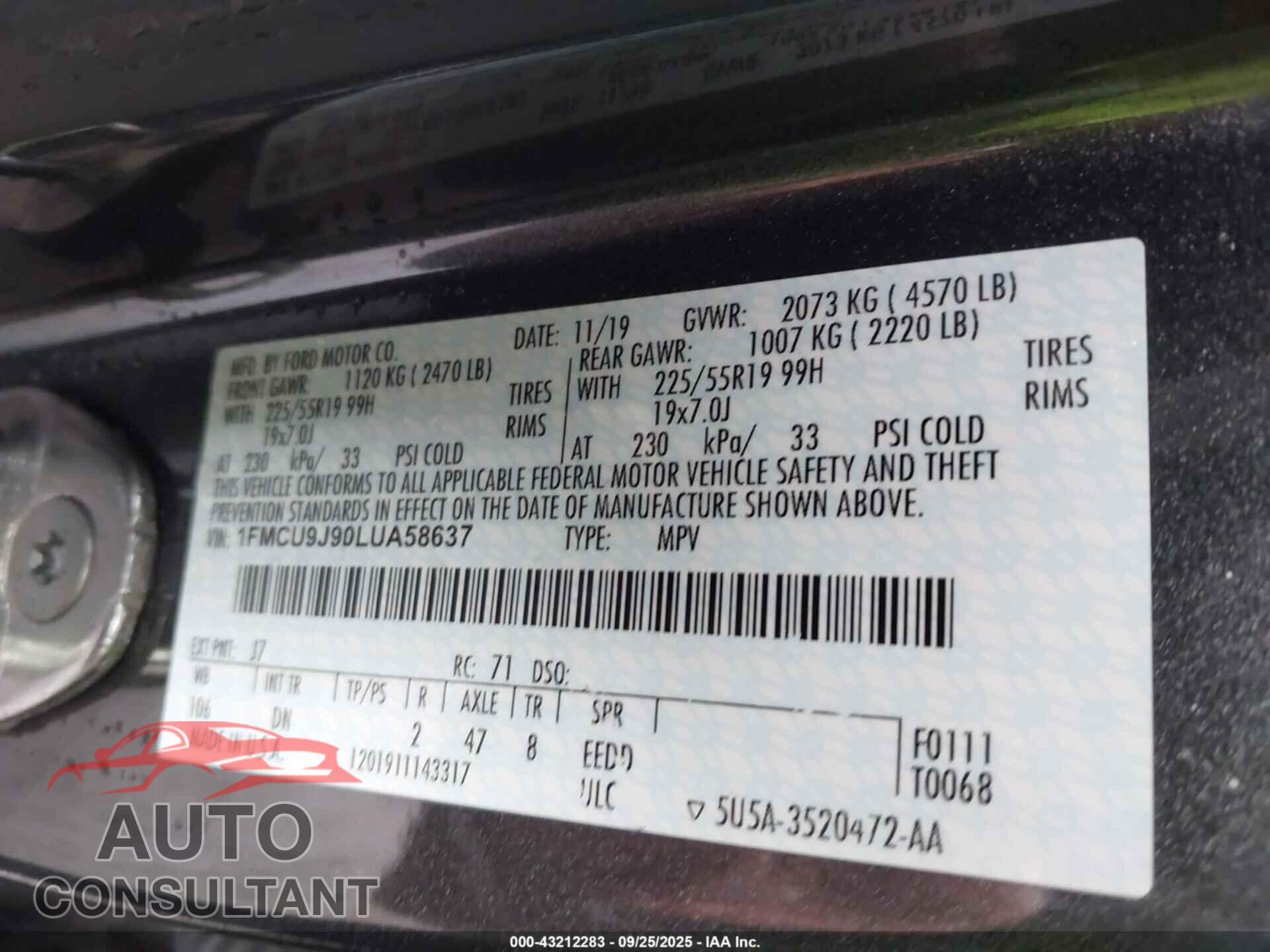 FORD ESCAPE 2020 - 1FMCU9J90LUA58637