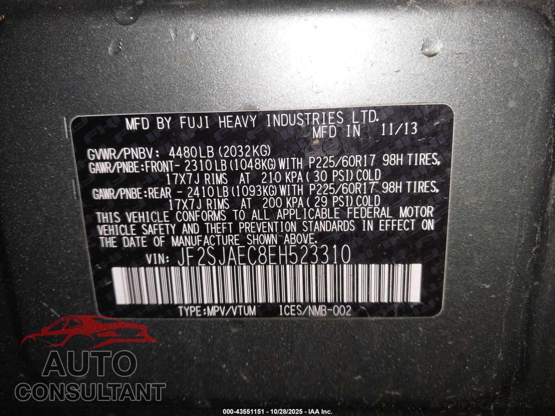 SUBARU FORESTER 2014 - JF2SJAEC8EH523310
