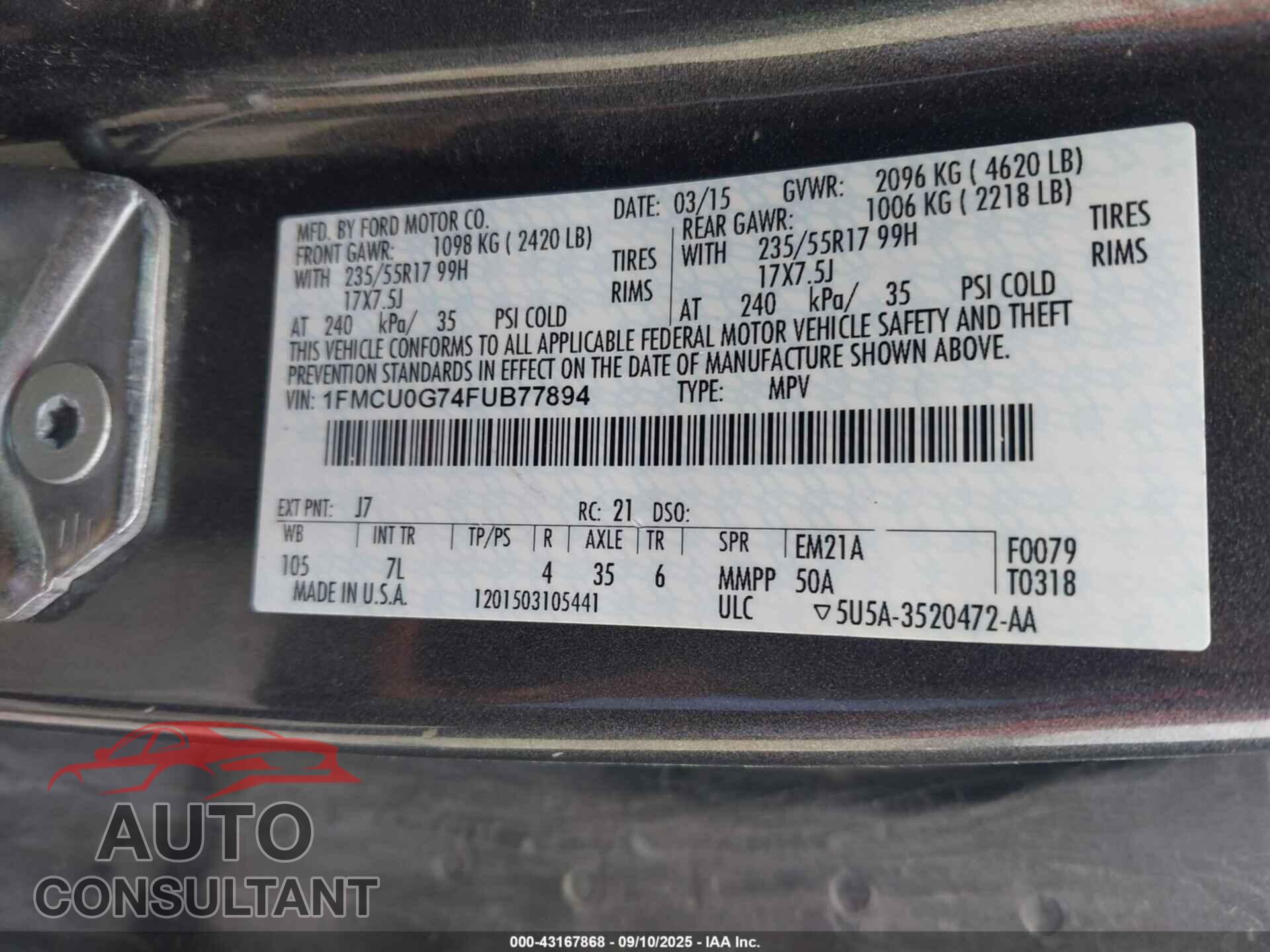 FORD ESCAPE 2015 - 1FMCU0G74FUB77894