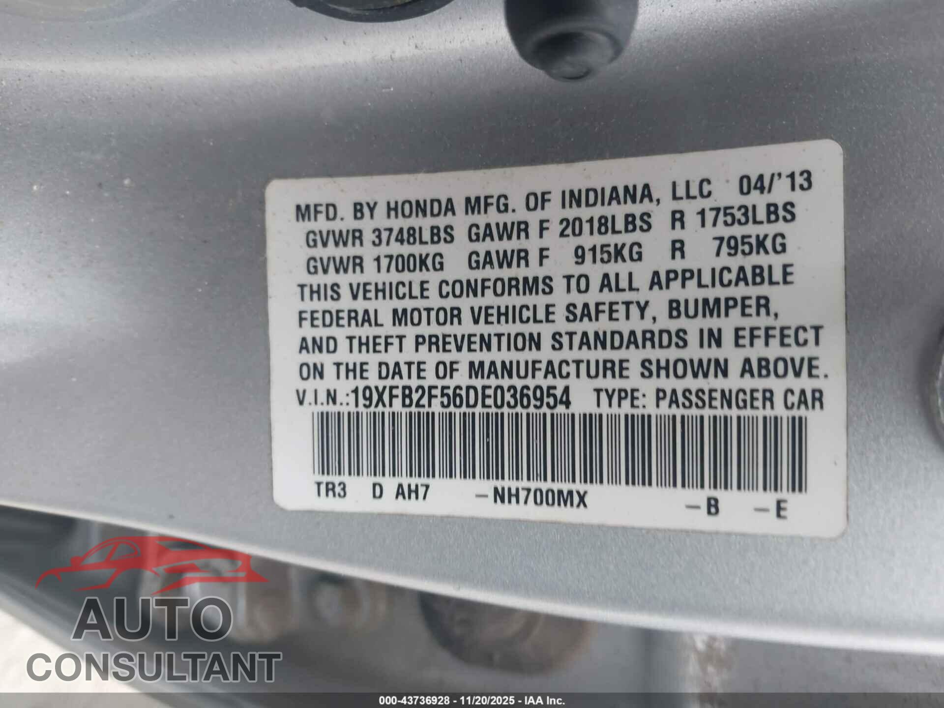 HONDA CIVIC 2013 - 19XFB2F56DE036954