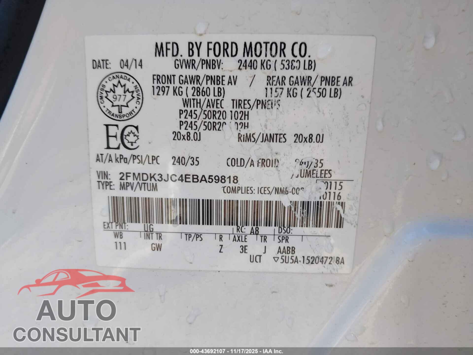 FORD EDGE 2014 - 2FMDK3JC4EBA59818