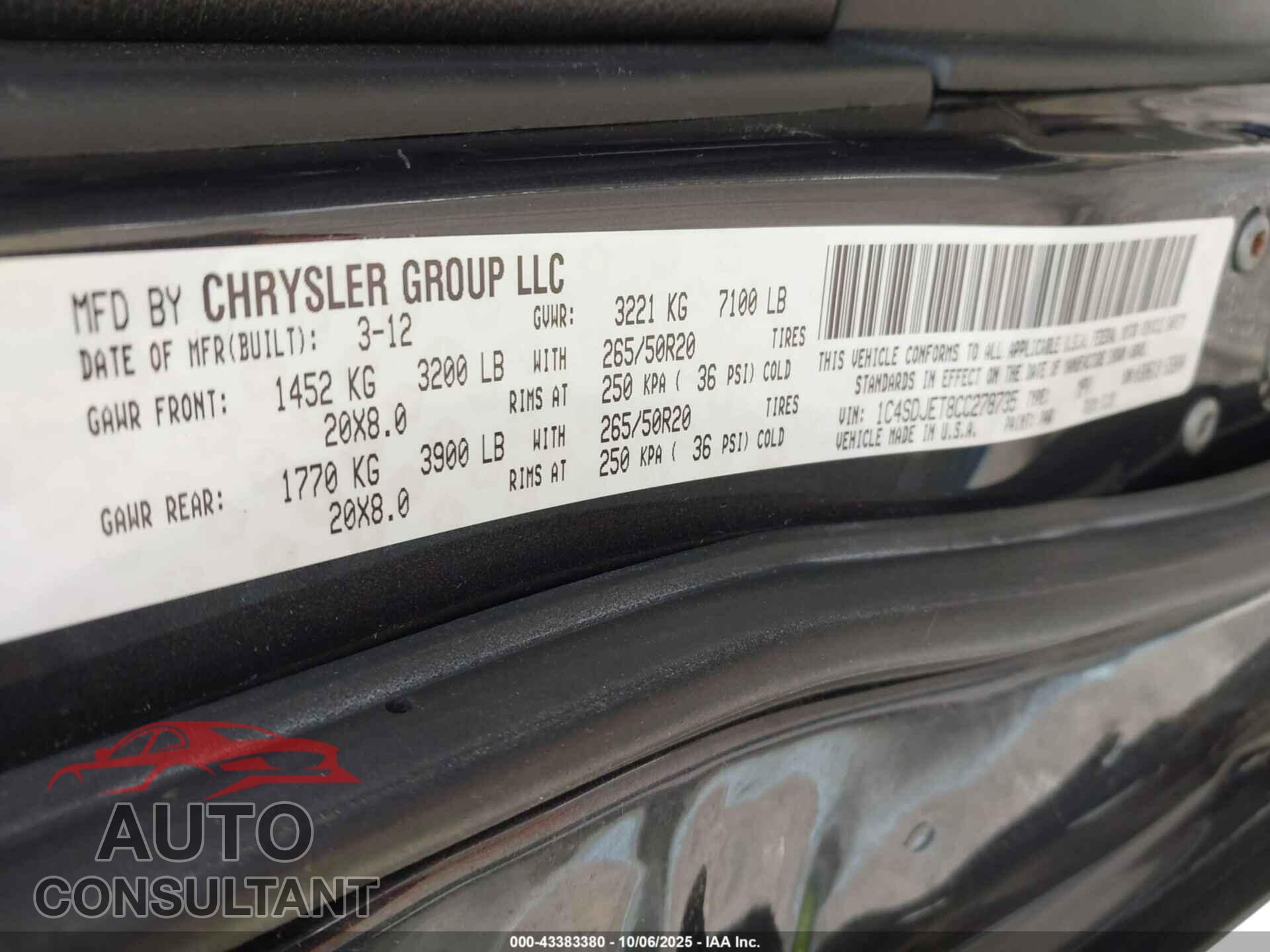 DODGE DURANGO 2012 - 1C4SDJET8CC278735