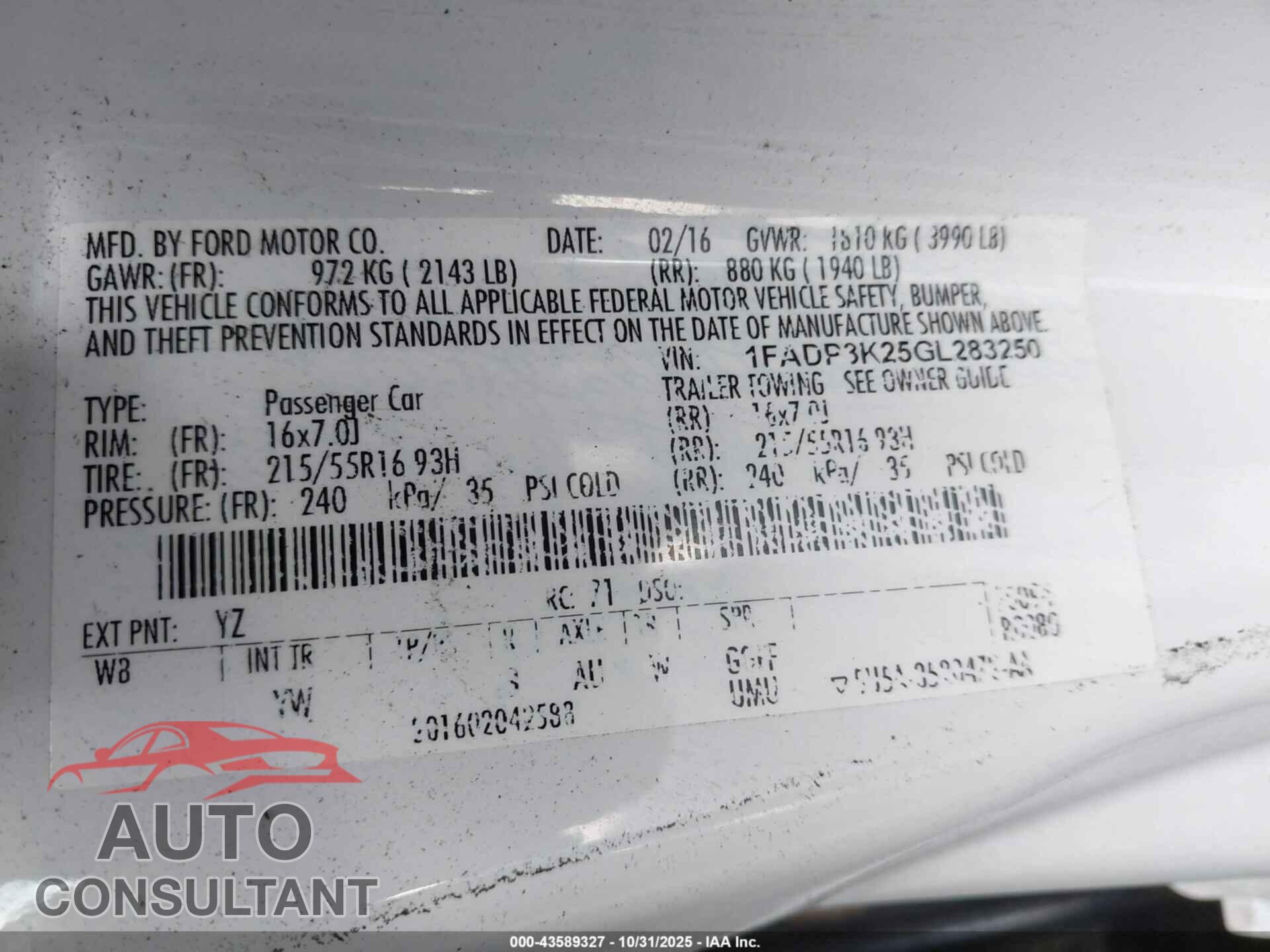 FORD FOCUS 2016 - 1FADP3K25GL283250