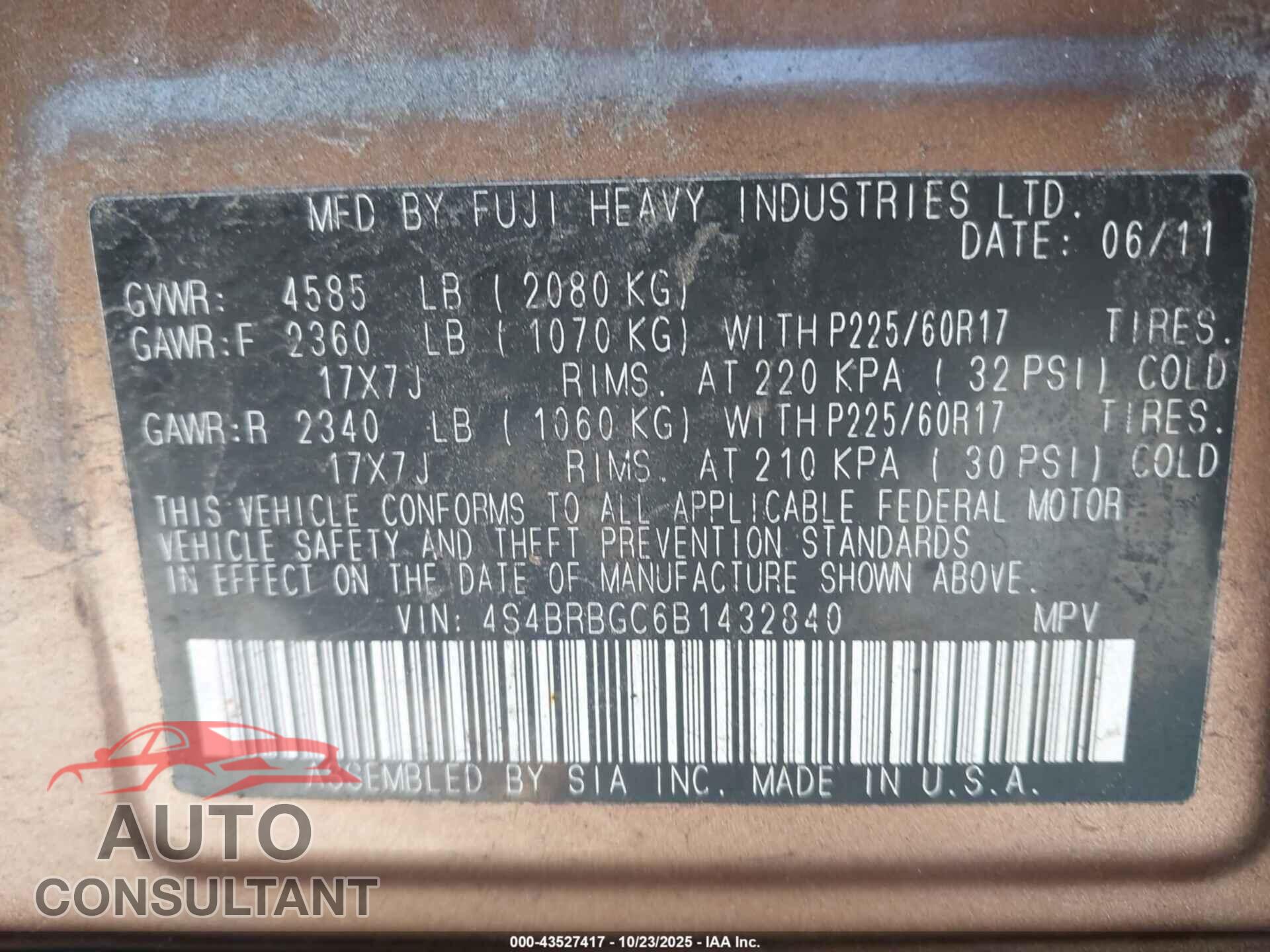 SUBARU OUTBACK 2011 - 4S4BRBGC6B1432840