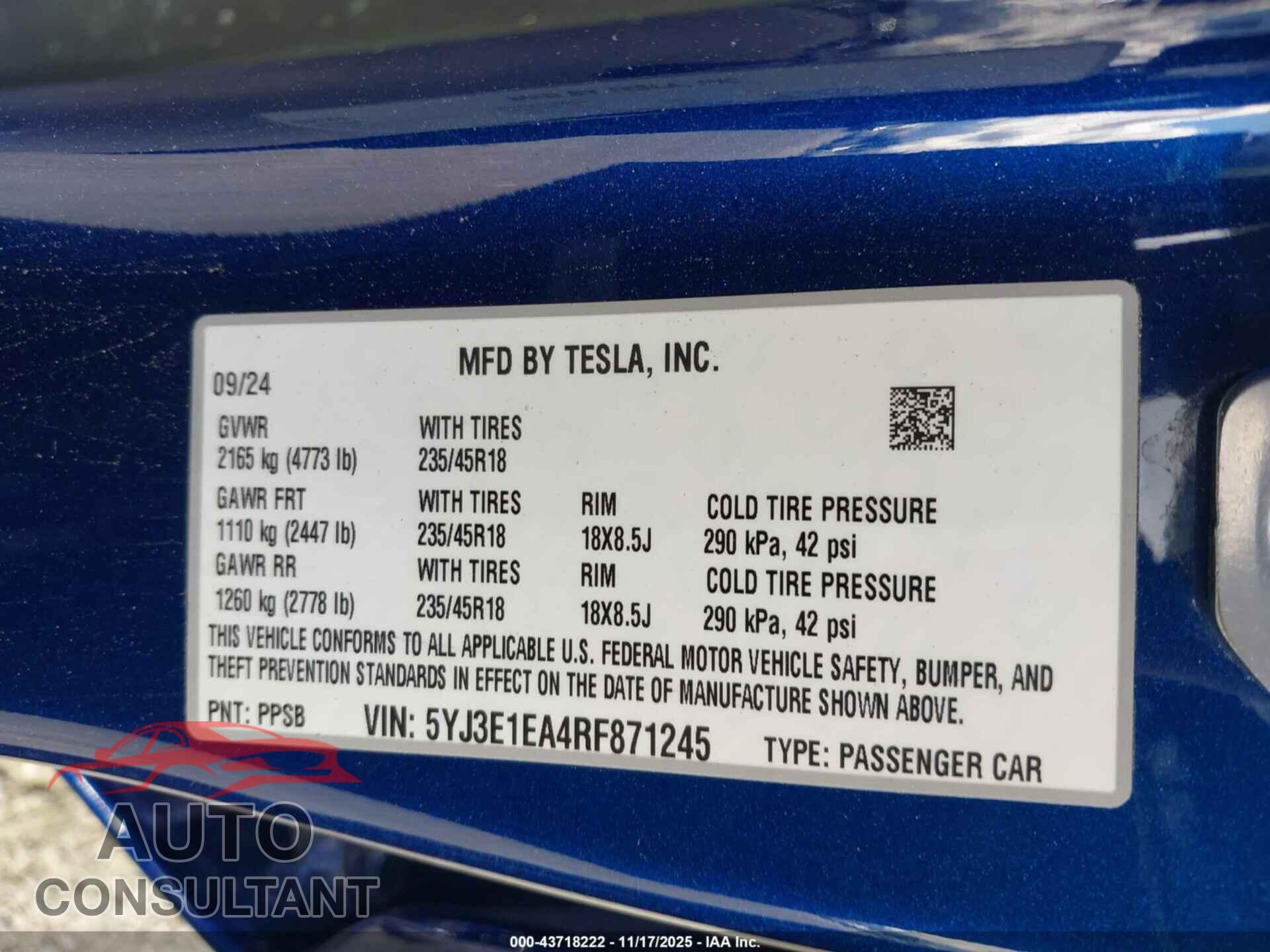 TESLA MODEL 3 2024 - 5YJ3E1EA4RF871245