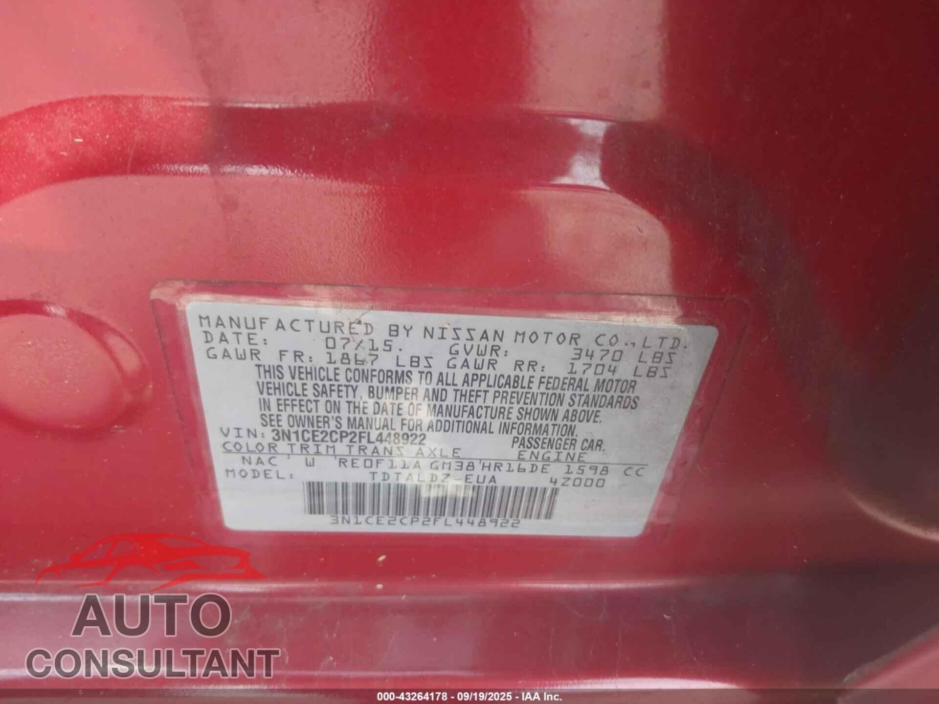 NISSAN VERSA NOTE 2015 - 3N1CE2CP2FL448922