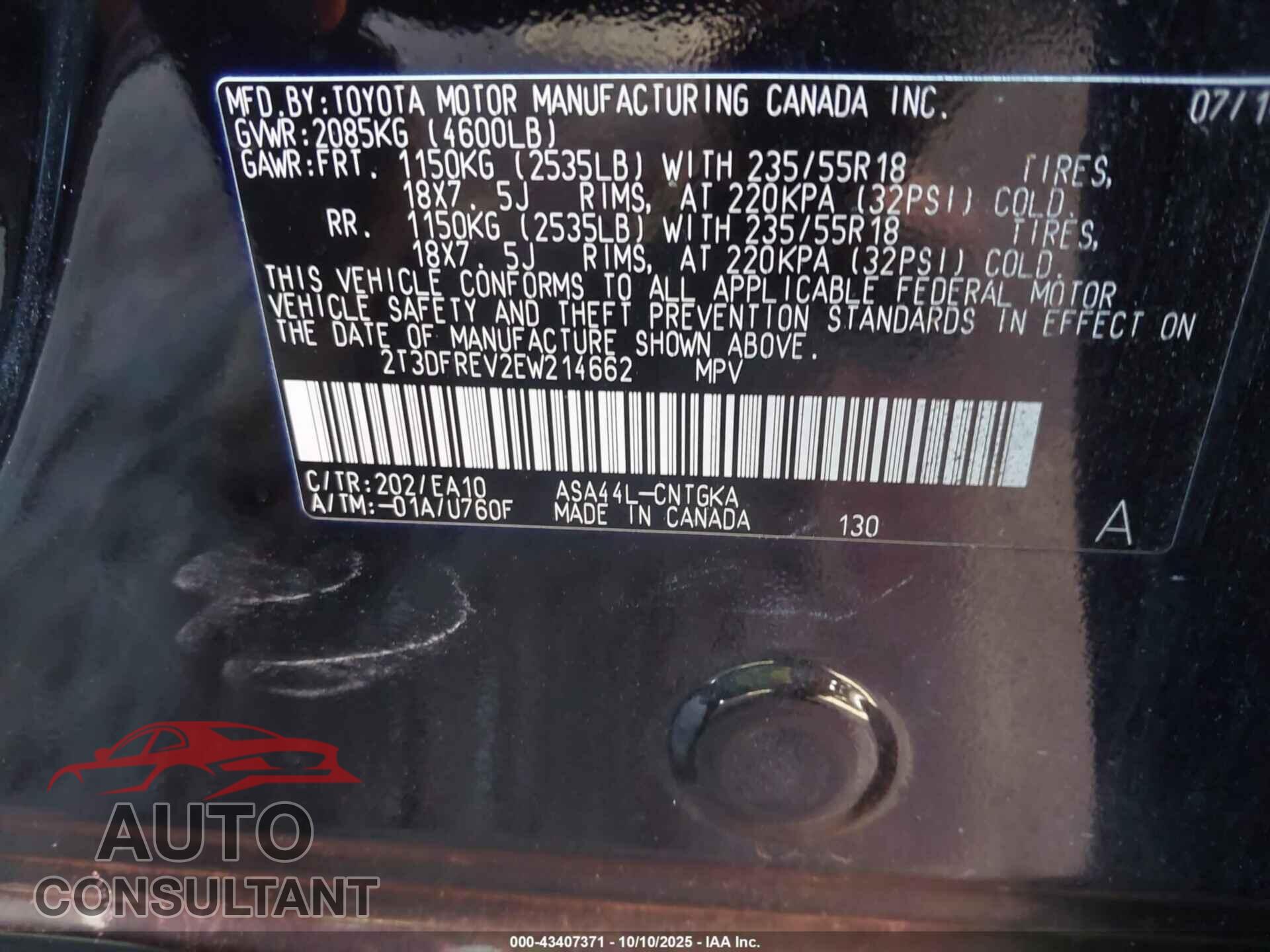 TOYOTA RAV4 2014 - 2T3DFREV2EW214662
