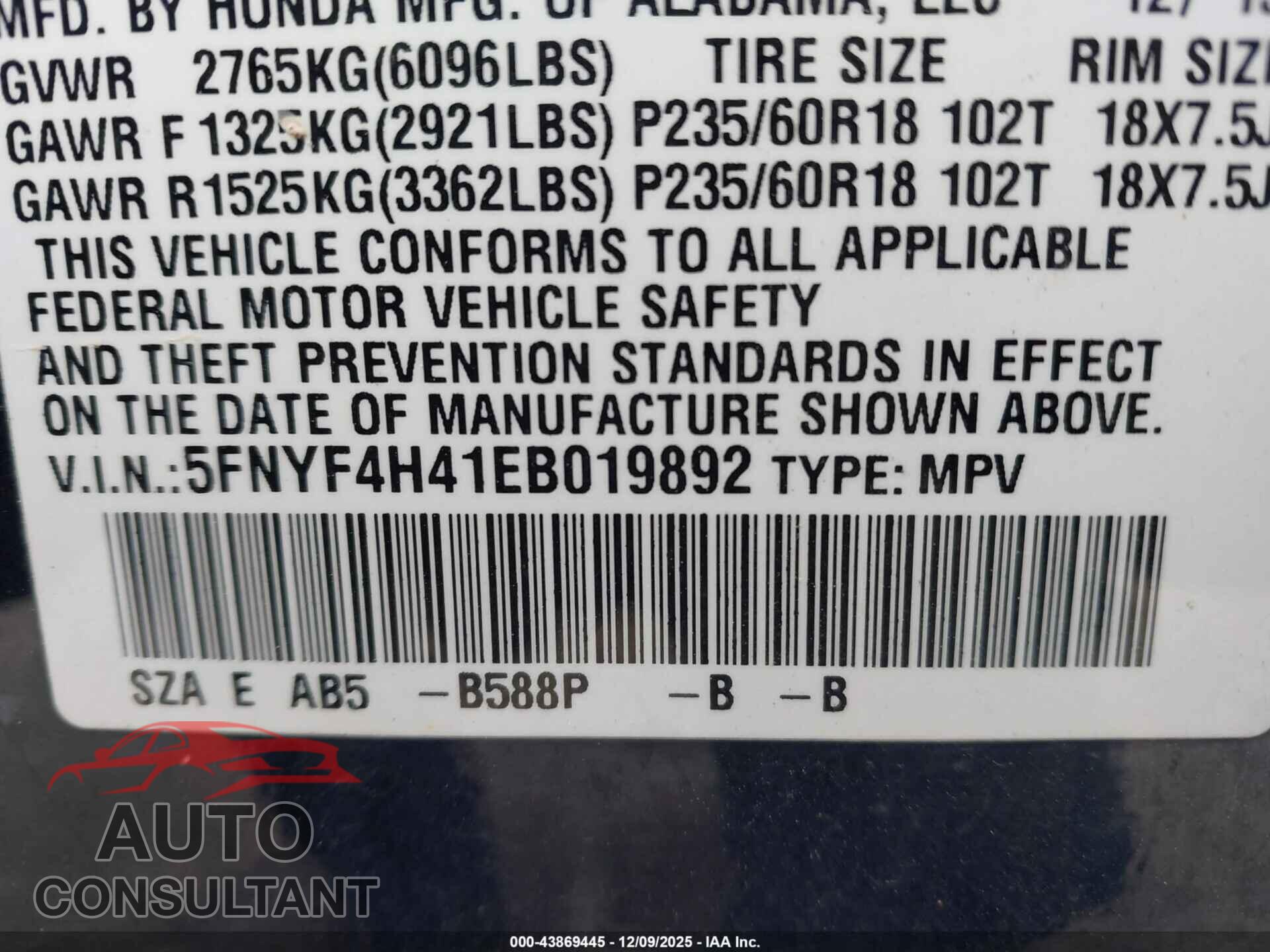HONDA PILOT 2014 - 5FNYF4H41EB019892