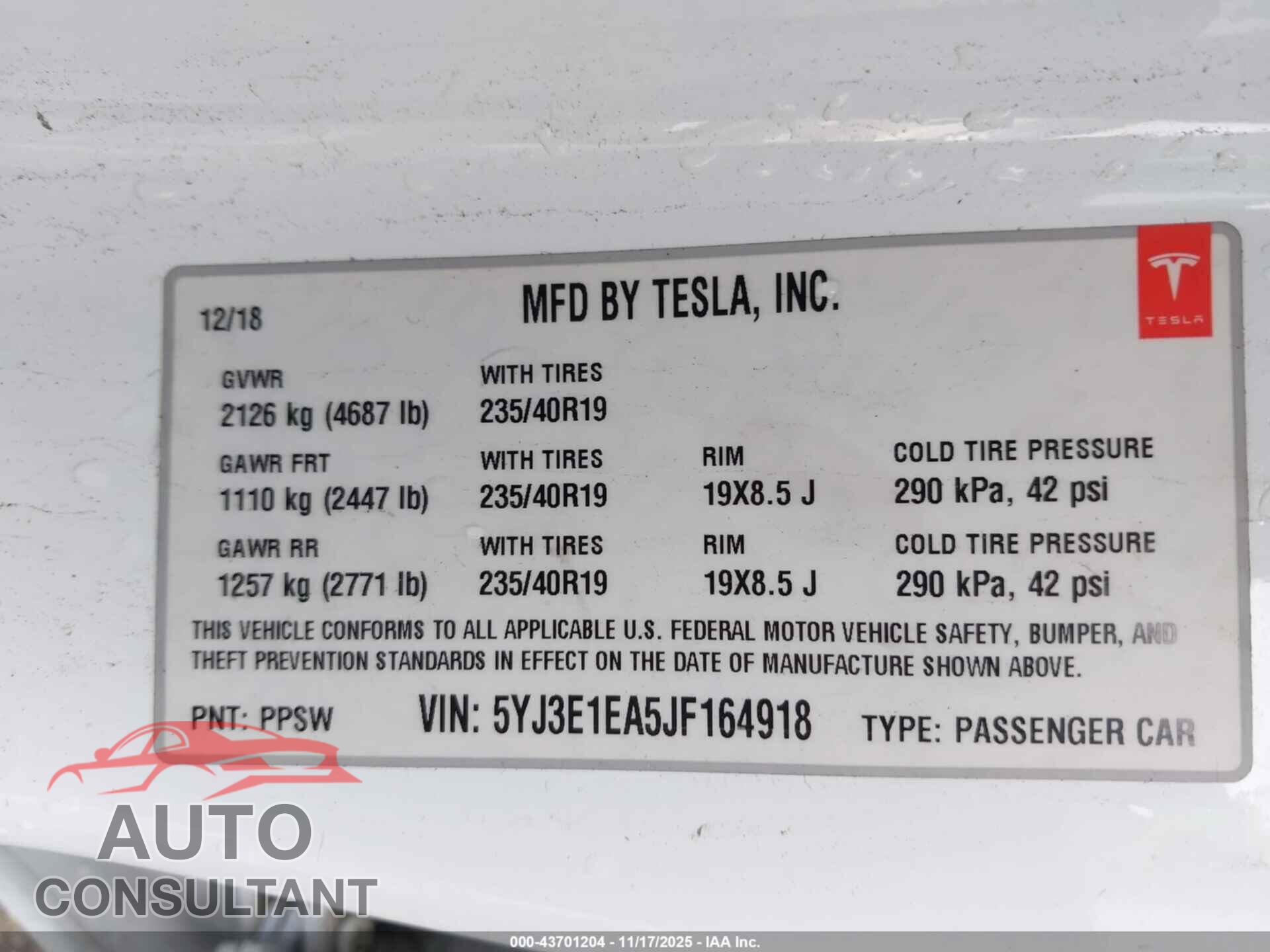 TESLA MODEL 3 2018 - 5YJ3E1EA5JF164918