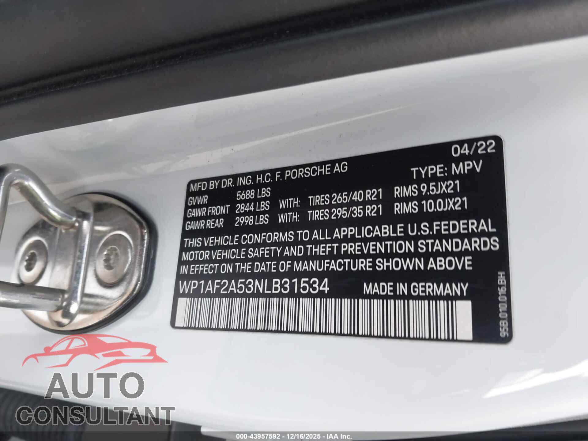 PORSCHE MACAN 2022 - WP1AF2A53NLB31534