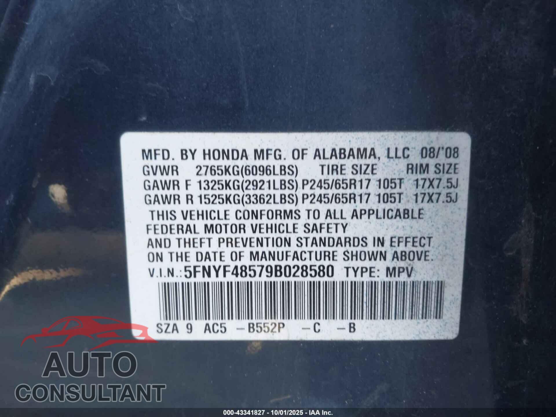 HONDA PILOT 2009 - 5FNYF48579B028580