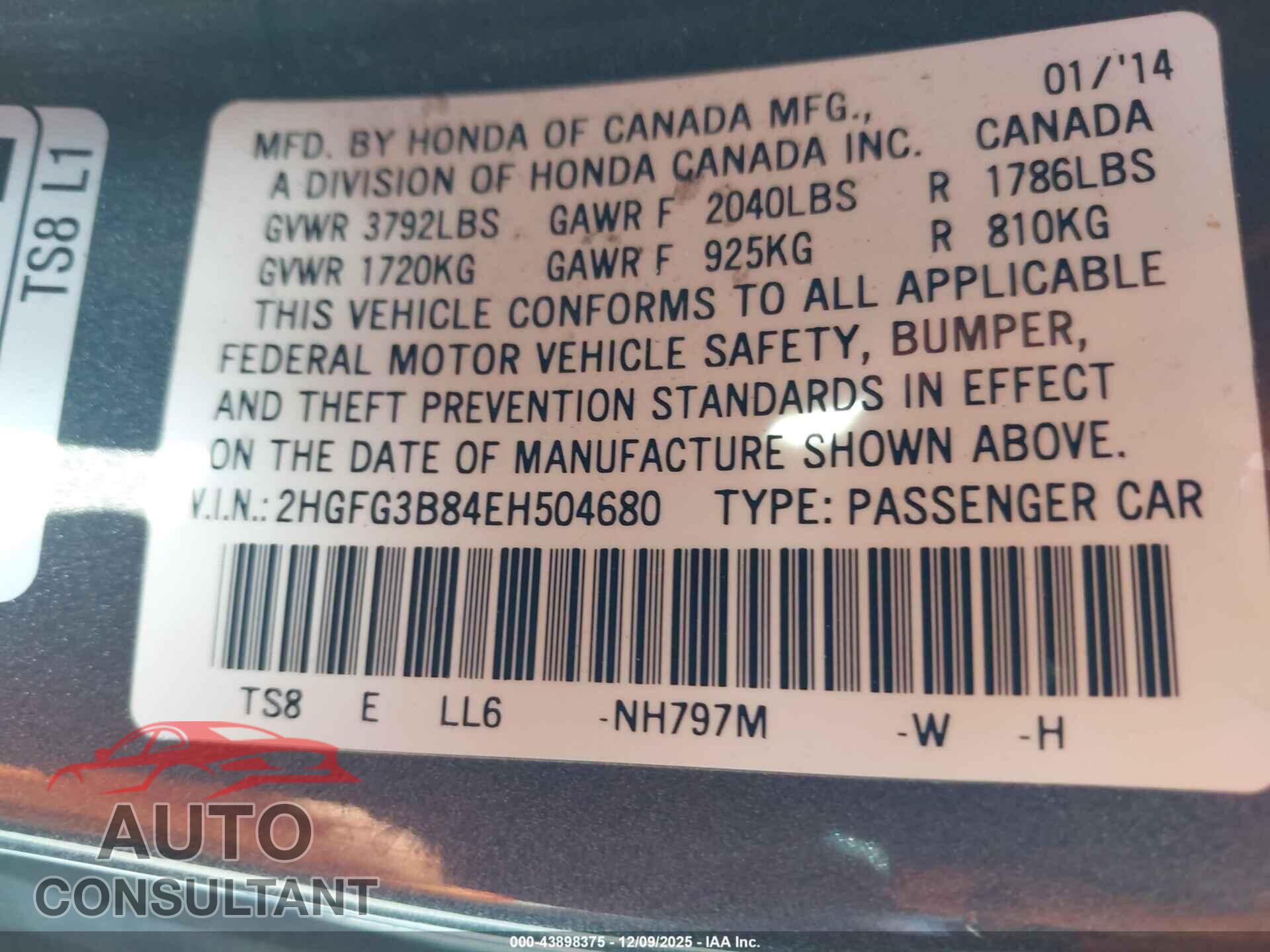 HONDA CIVIC 2014 - 2HGFG3B84EH504680
