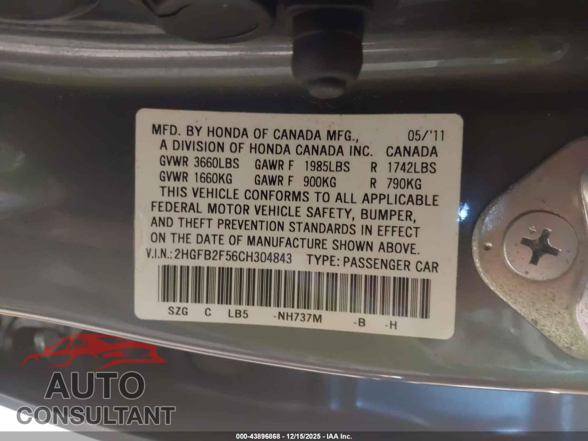 HONDA CIVIC 2012 - 2HGFB2F56CH304843