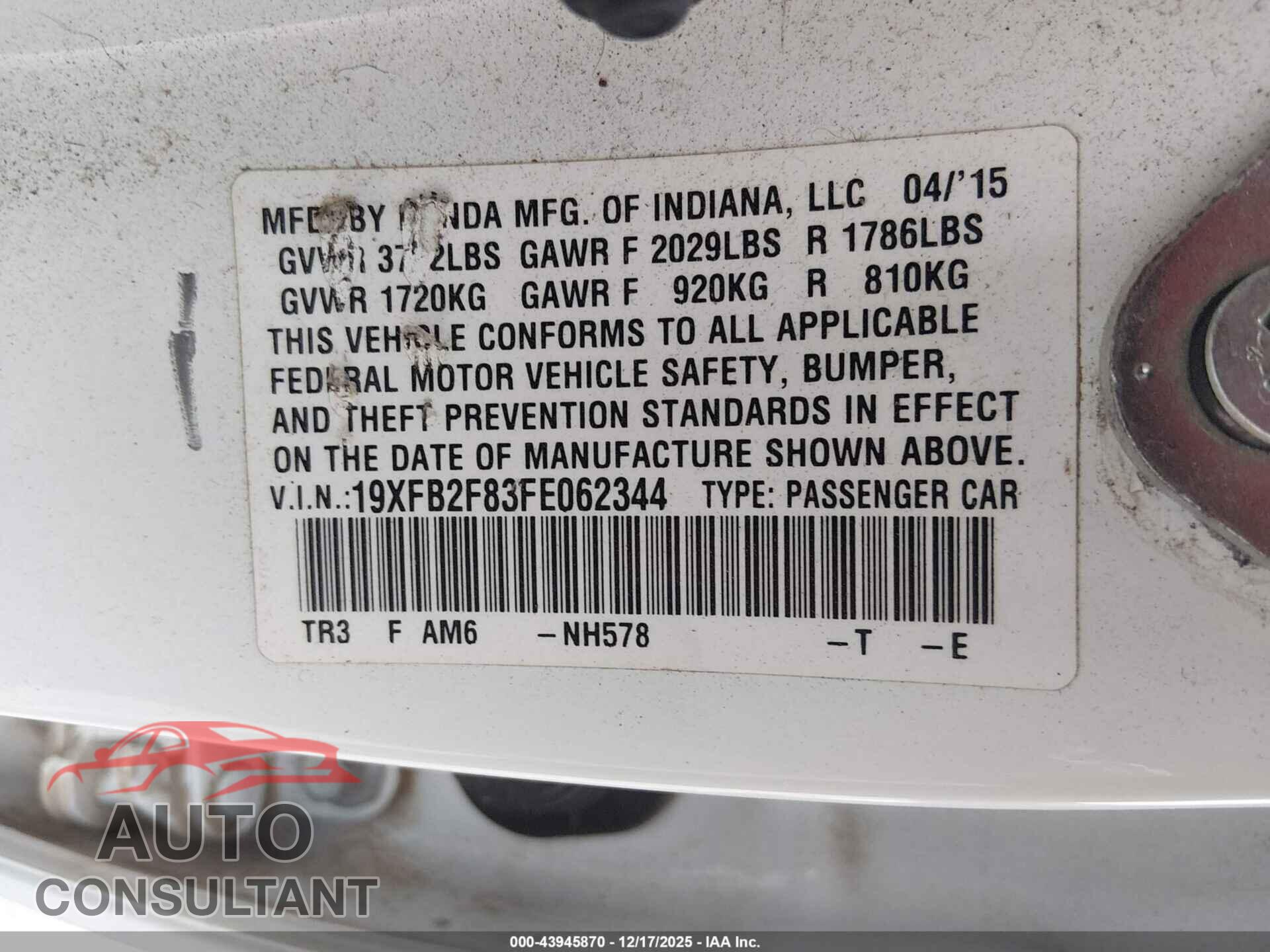 HONDA CIVIC 2015 - 19XFB2F83FE062344