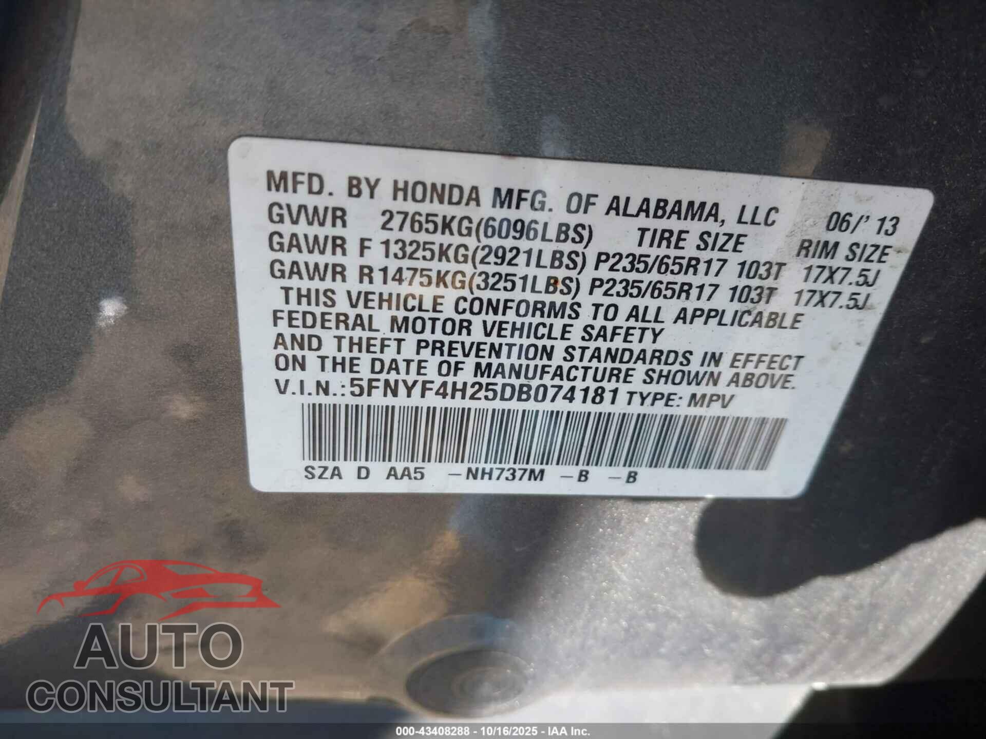 HONDA PILOT 2013 - 5FNYF4H25DB074181