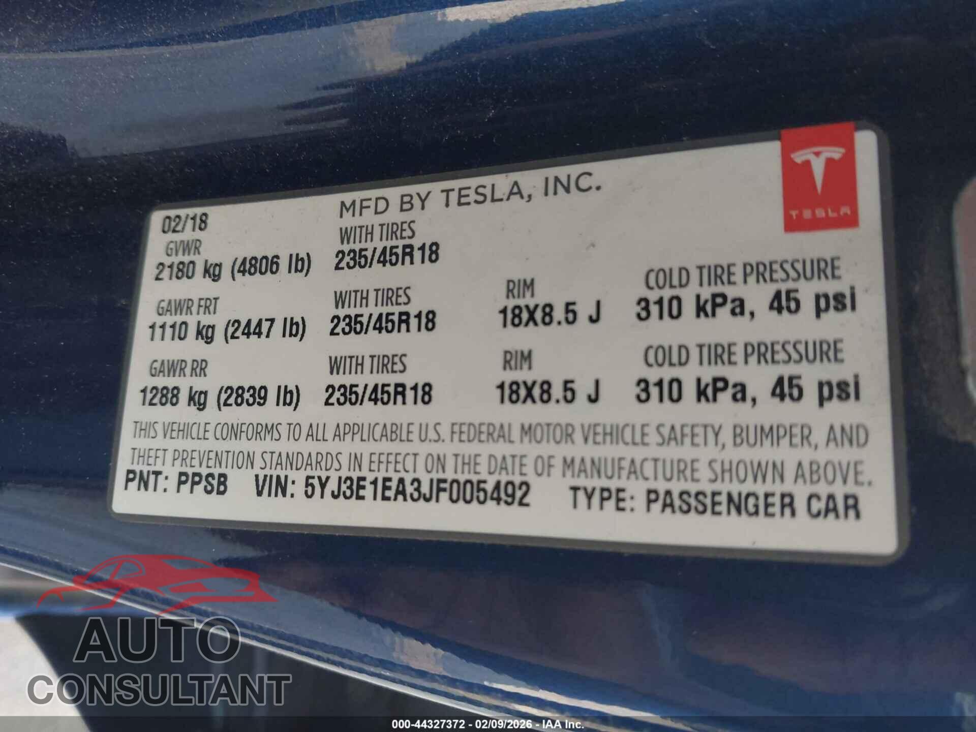 TESLA MODEL 3 2018 - 5YJ3E1EA3JF005492