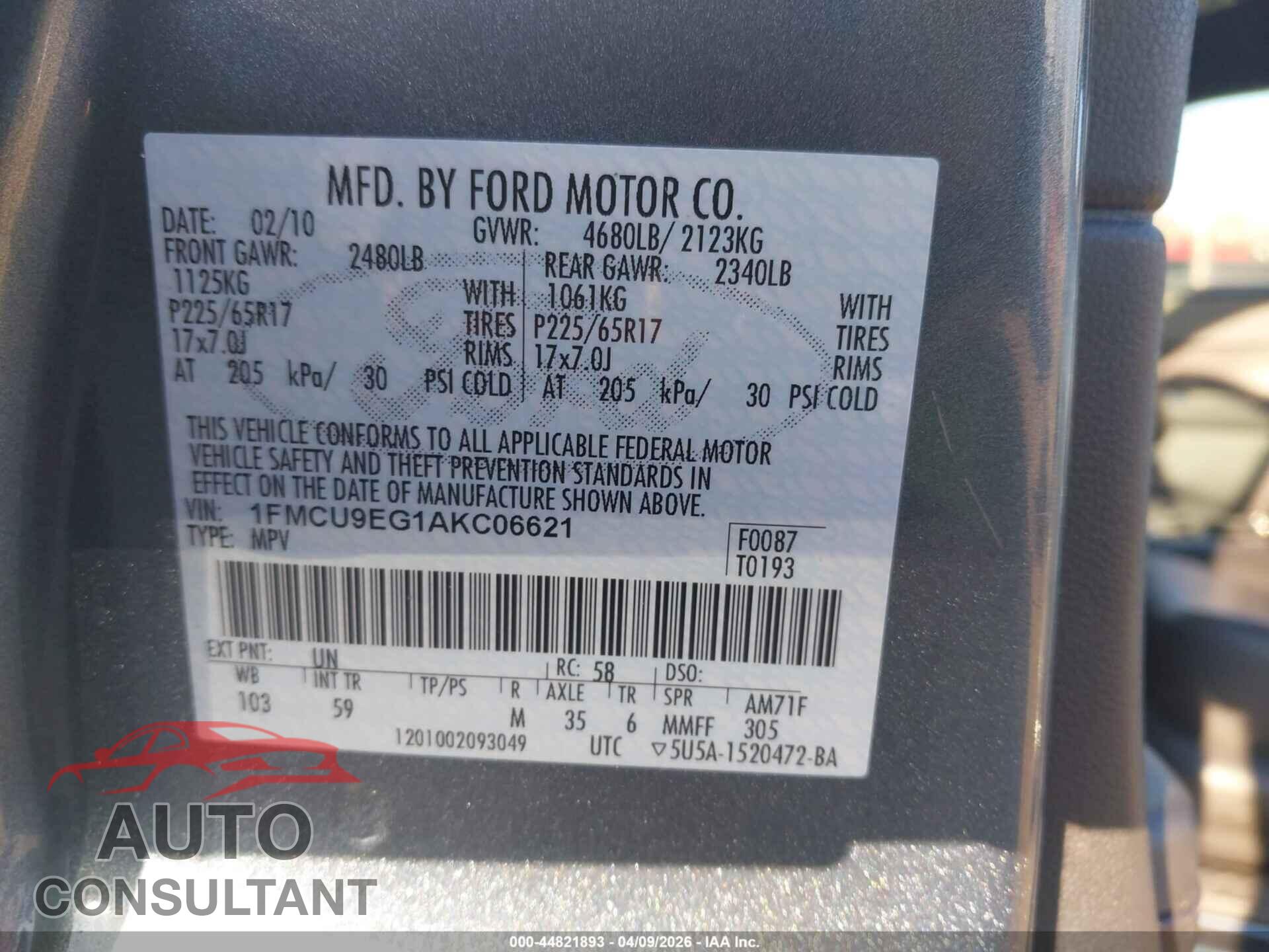 FORD ESCAPE 2010 - 1FMCU9EG1AKC06621