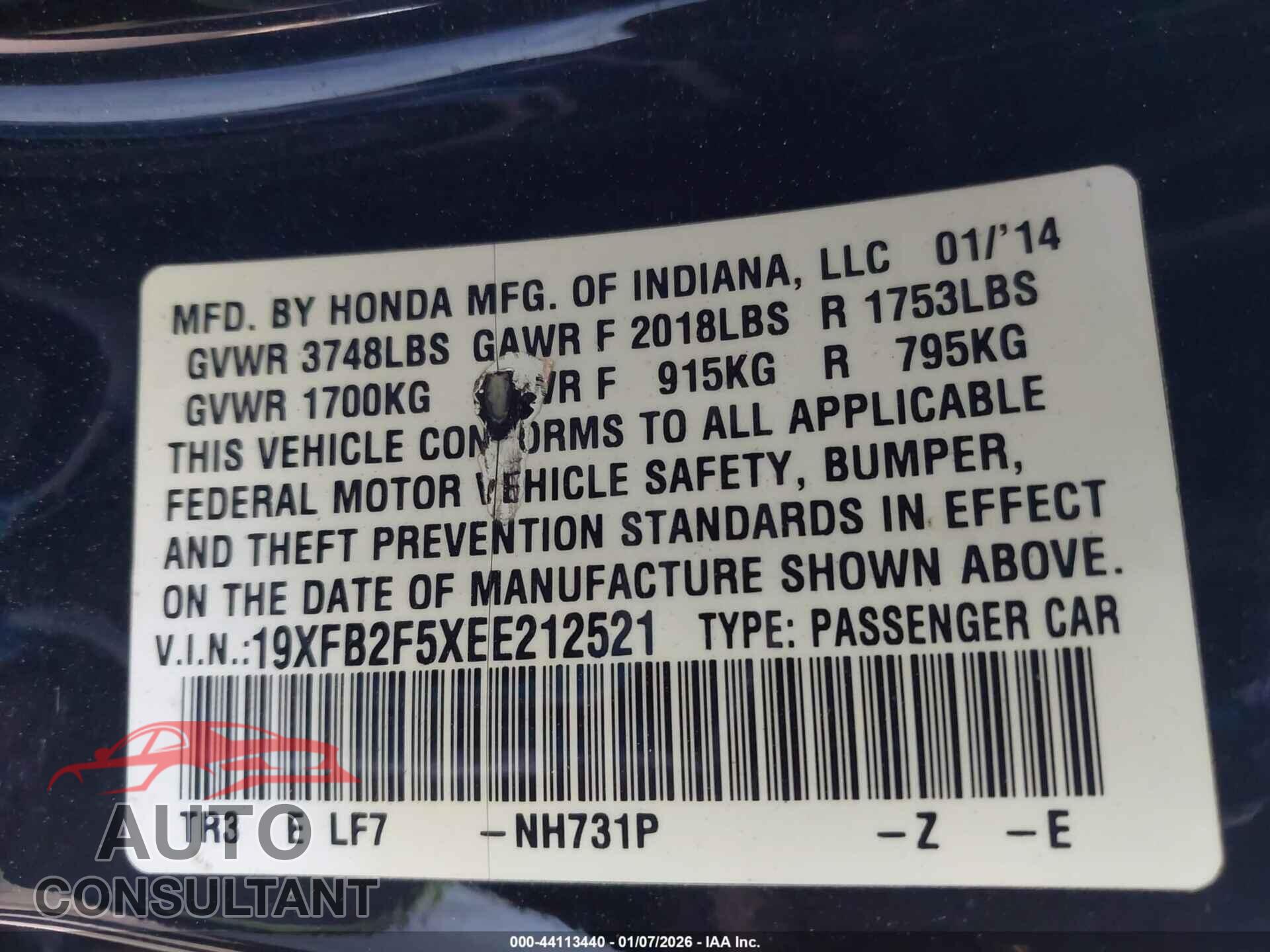 HONDA CIVIC 2014 - 19XFB2F5XEE212521