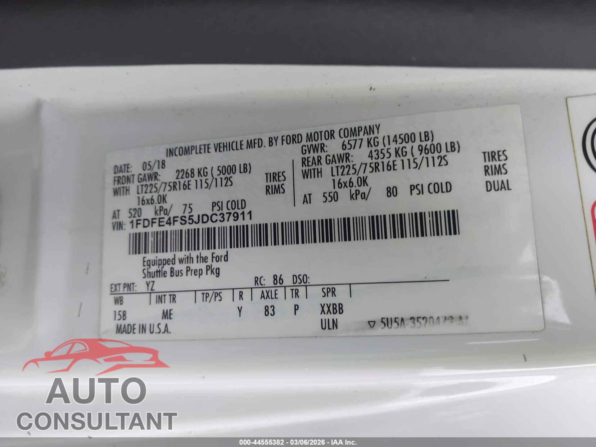FORD E-450 CUTAWAY 2018 - 1FDFE4FS5JDC37911