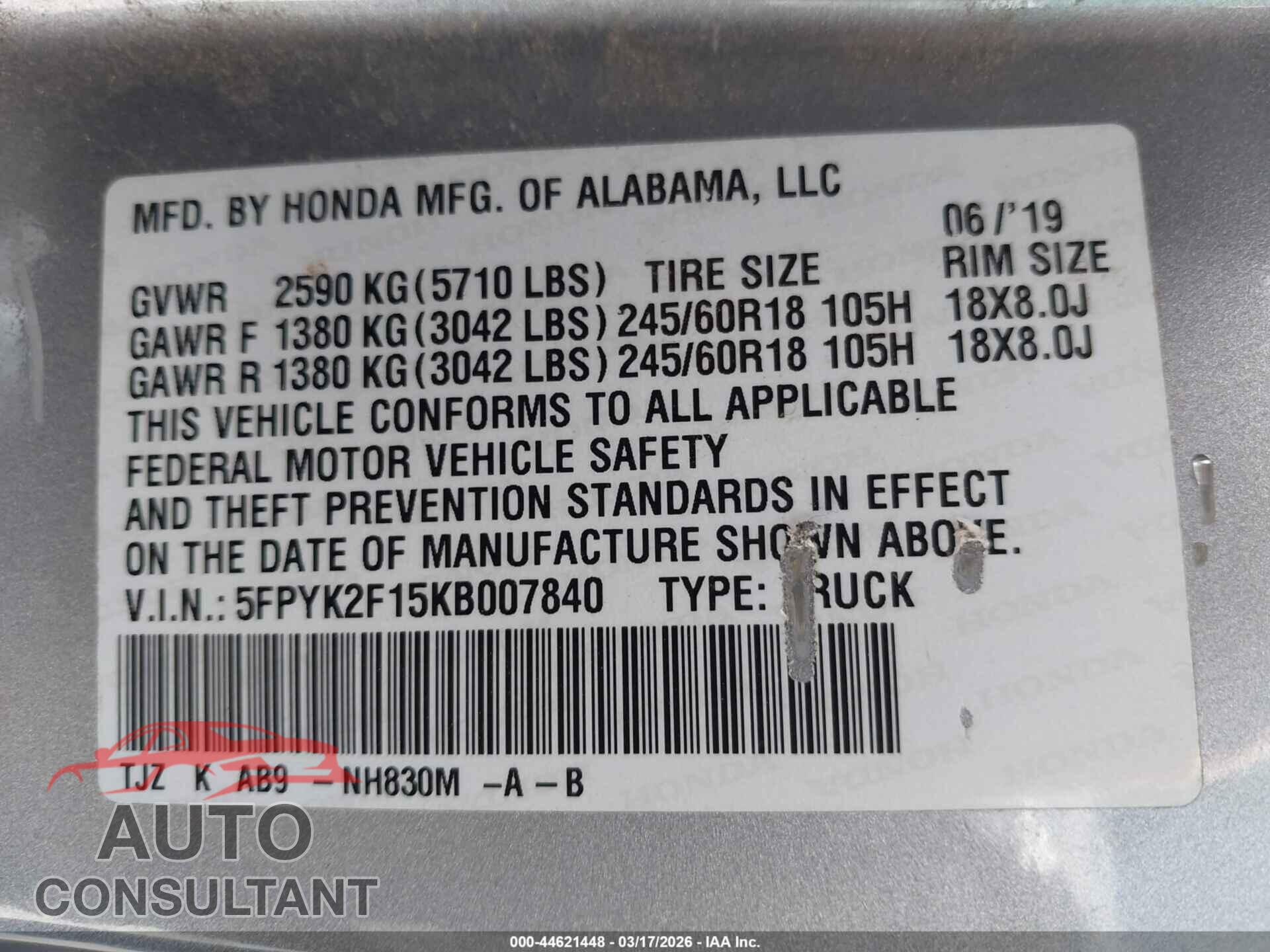 HONDA RIDGELINE 2019 - 5FPYK2F15KB007840